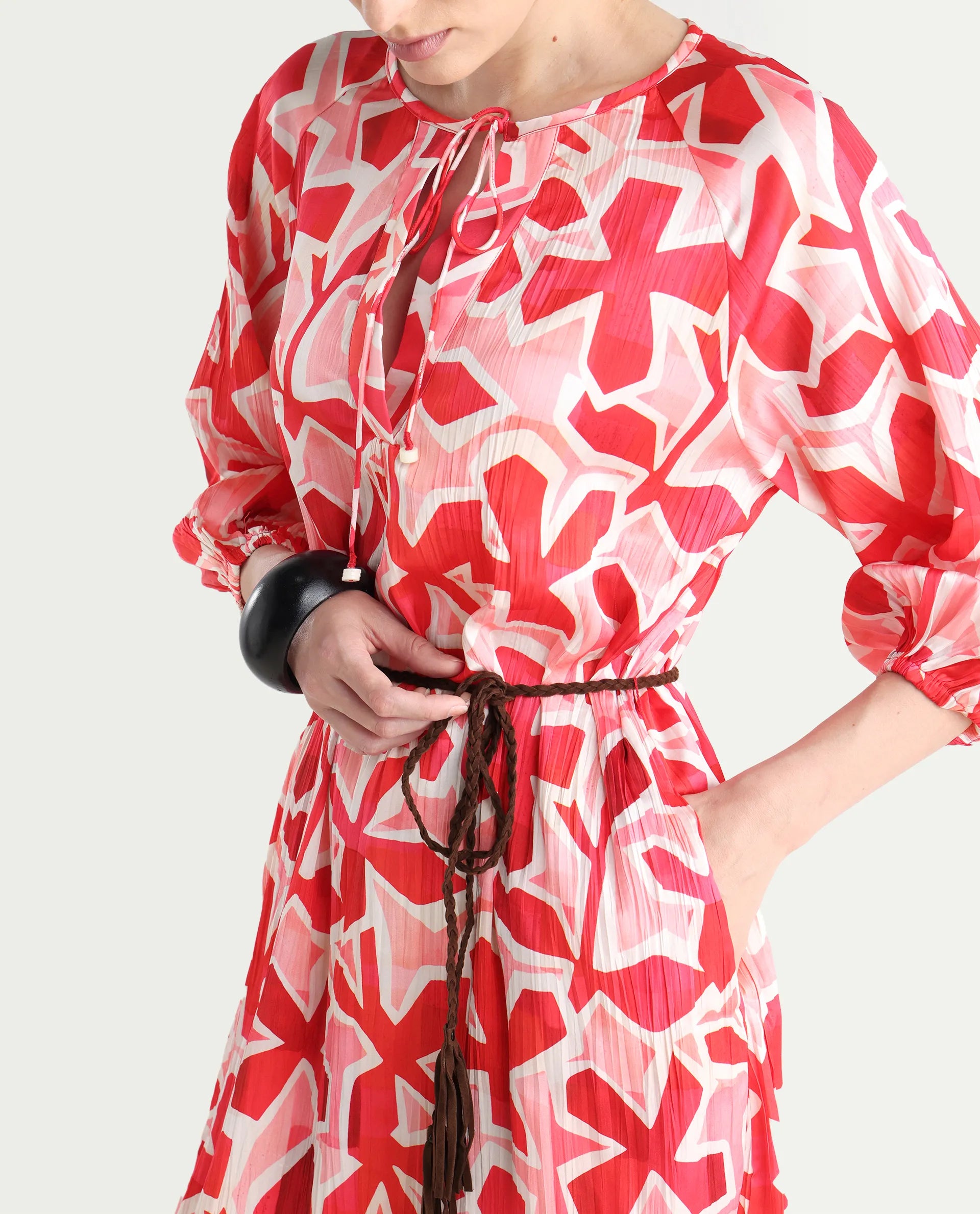 Rareism Women's Zoji Multi Polyester Tie-Up Neck Abstract Print Raglan Sleeve Mini Relaxed Fit Dress