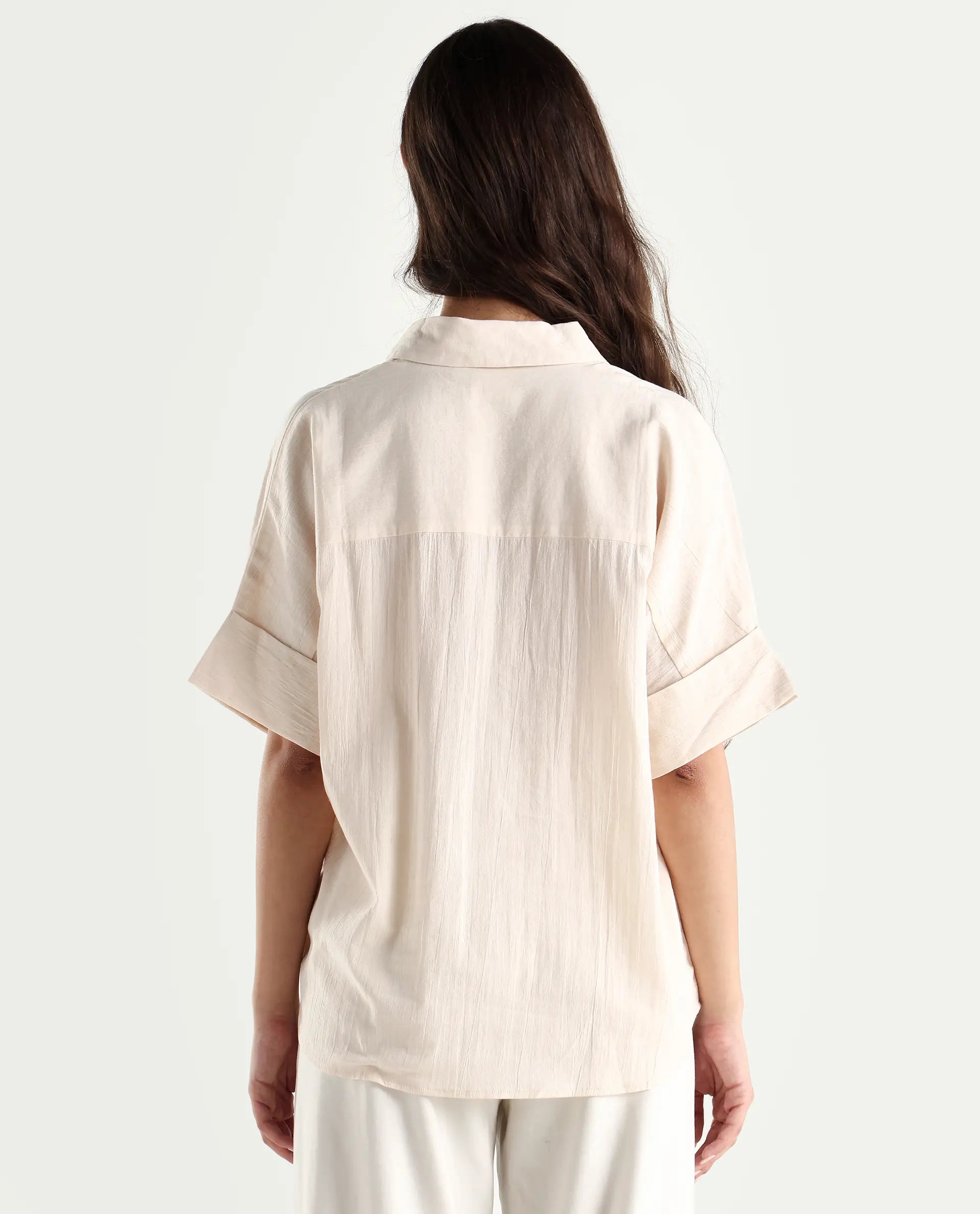 Rareism Women's Tabsco Light Off White Cotton Blend Lapel Neck Plain Regular Fit Shirt