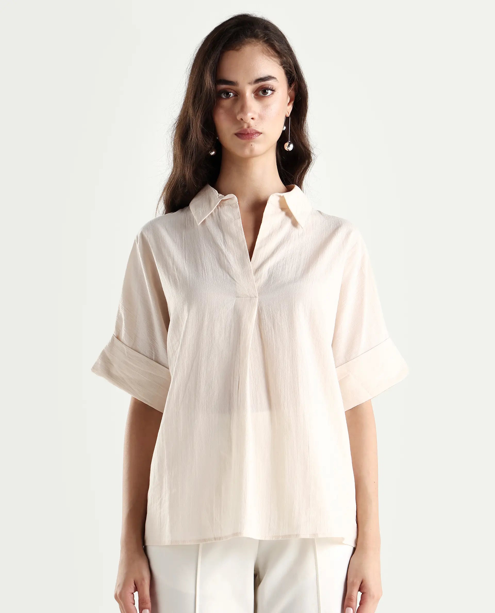 Rareism Women's Tabsco Light Off White Cotton Blend Lapel Neck Plain Regular Fit Shirt