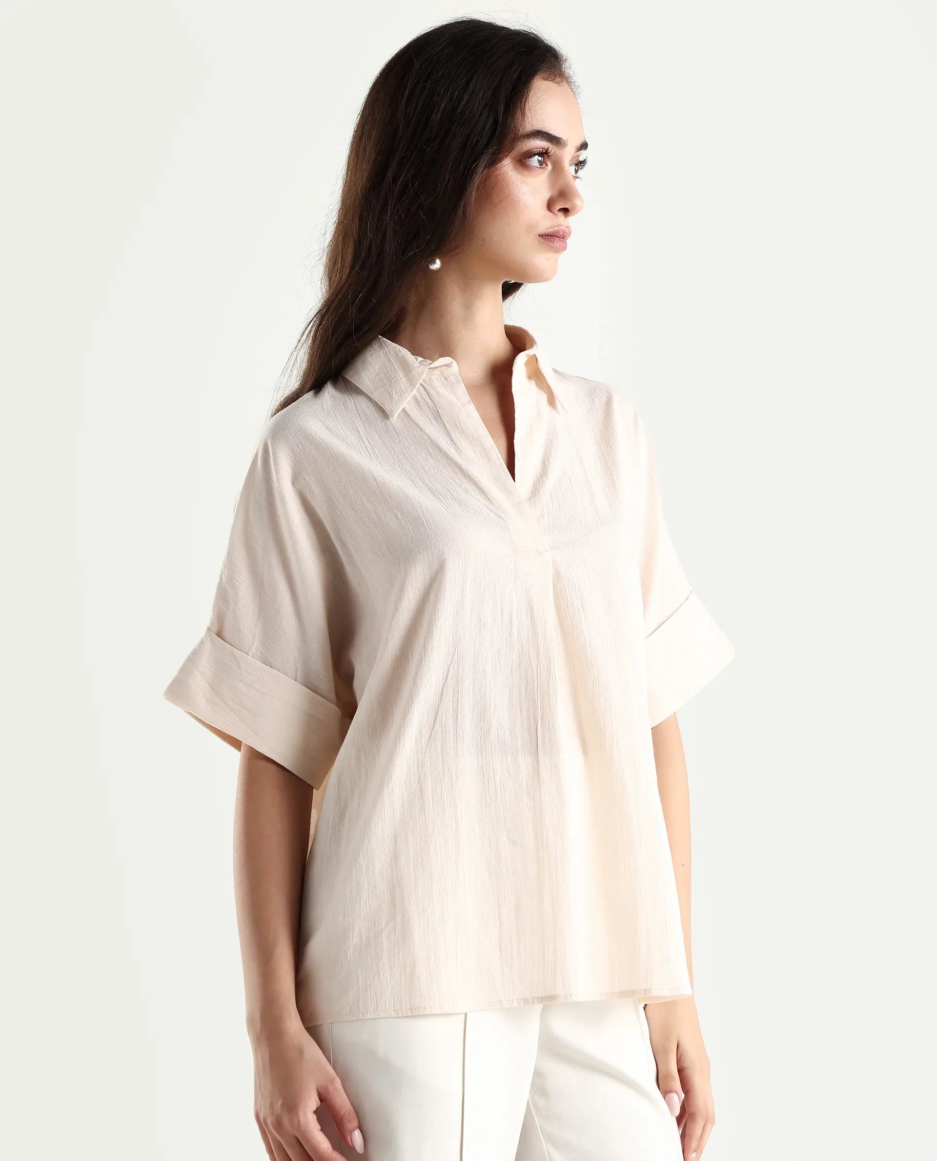 Rareism Women's Tabsco Light Off White Cotton Blend Lapel Neck Plain Regular Fit Shirt