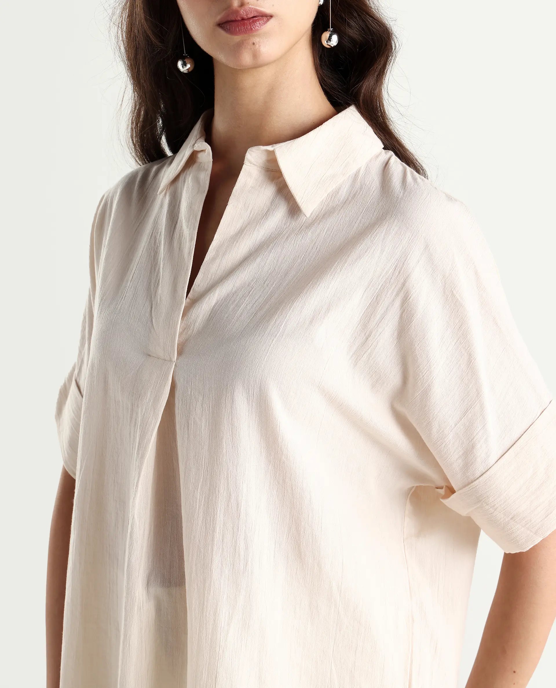 Rareism Women's Tabsco Light Off White Cotton Blend Lapel Neck Plain Regular Fit Shirt