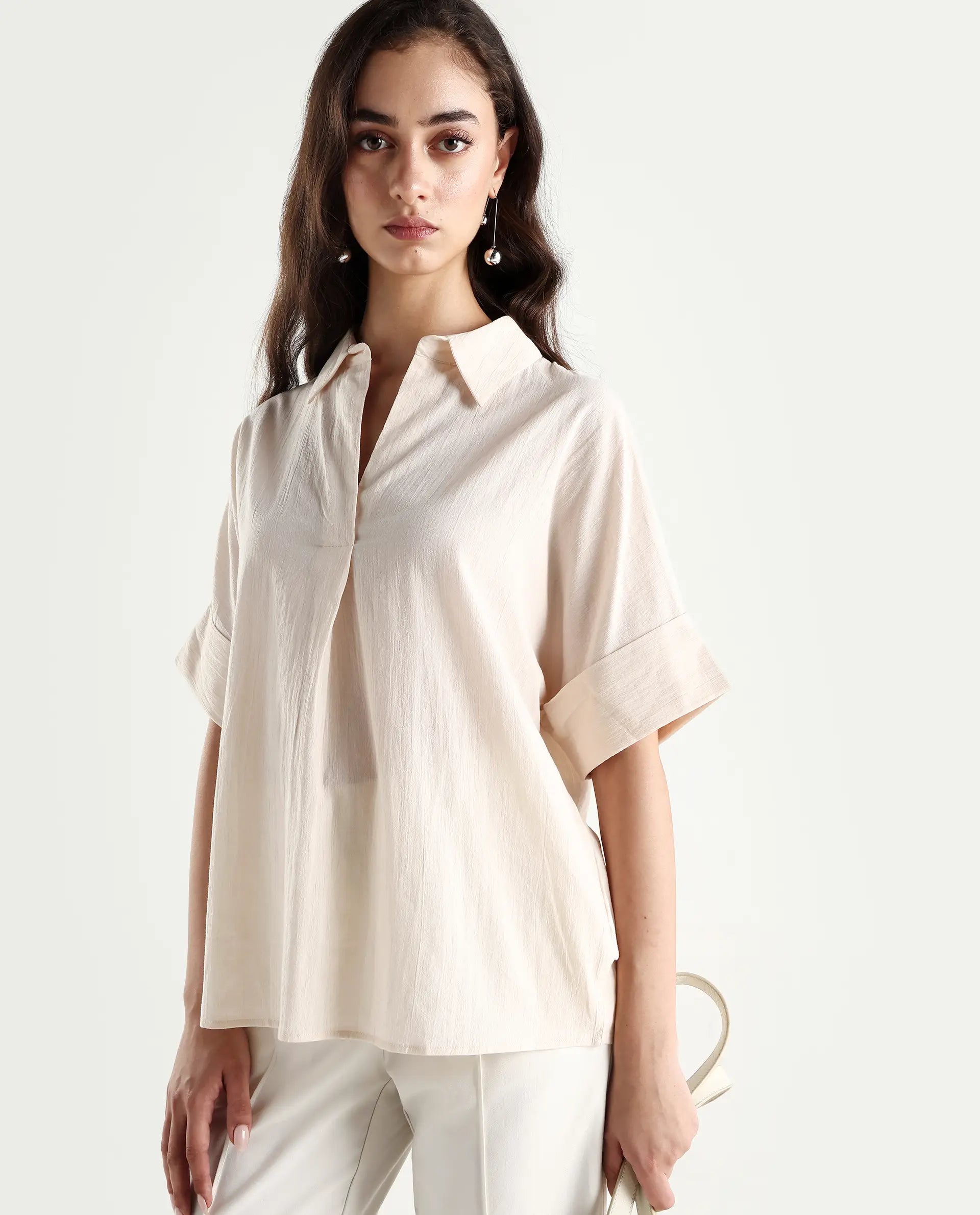 Rareism Women's Tabsco Light Off White Cotton Blend Lapel Neck Plain Regular Fit Shirt
