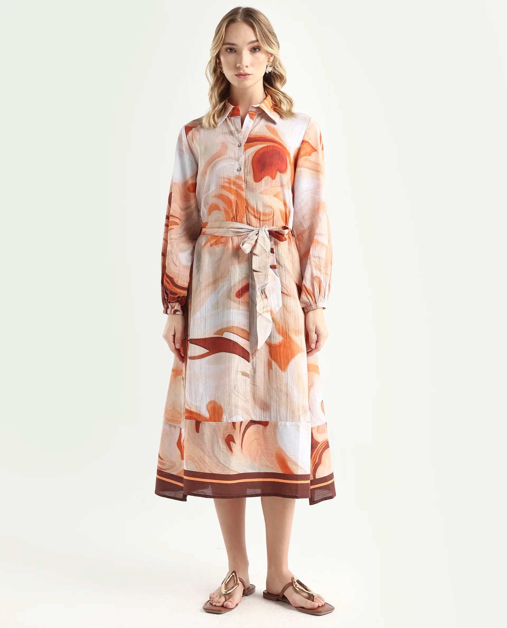Rareism Women's Massa Light Multi Viscose Blend Drop Collar Abstract Print Bishop Sleeve Midi Relaxed Fit Dress