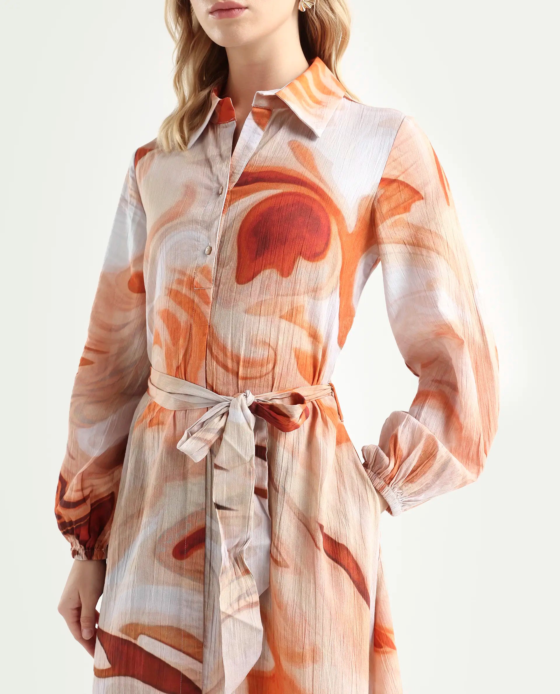 Rareism Women's Massa Light Multi Viscose Blend Drop Collar Abstract Print Bishop Sleeve Midi Relaxed Fit Dress