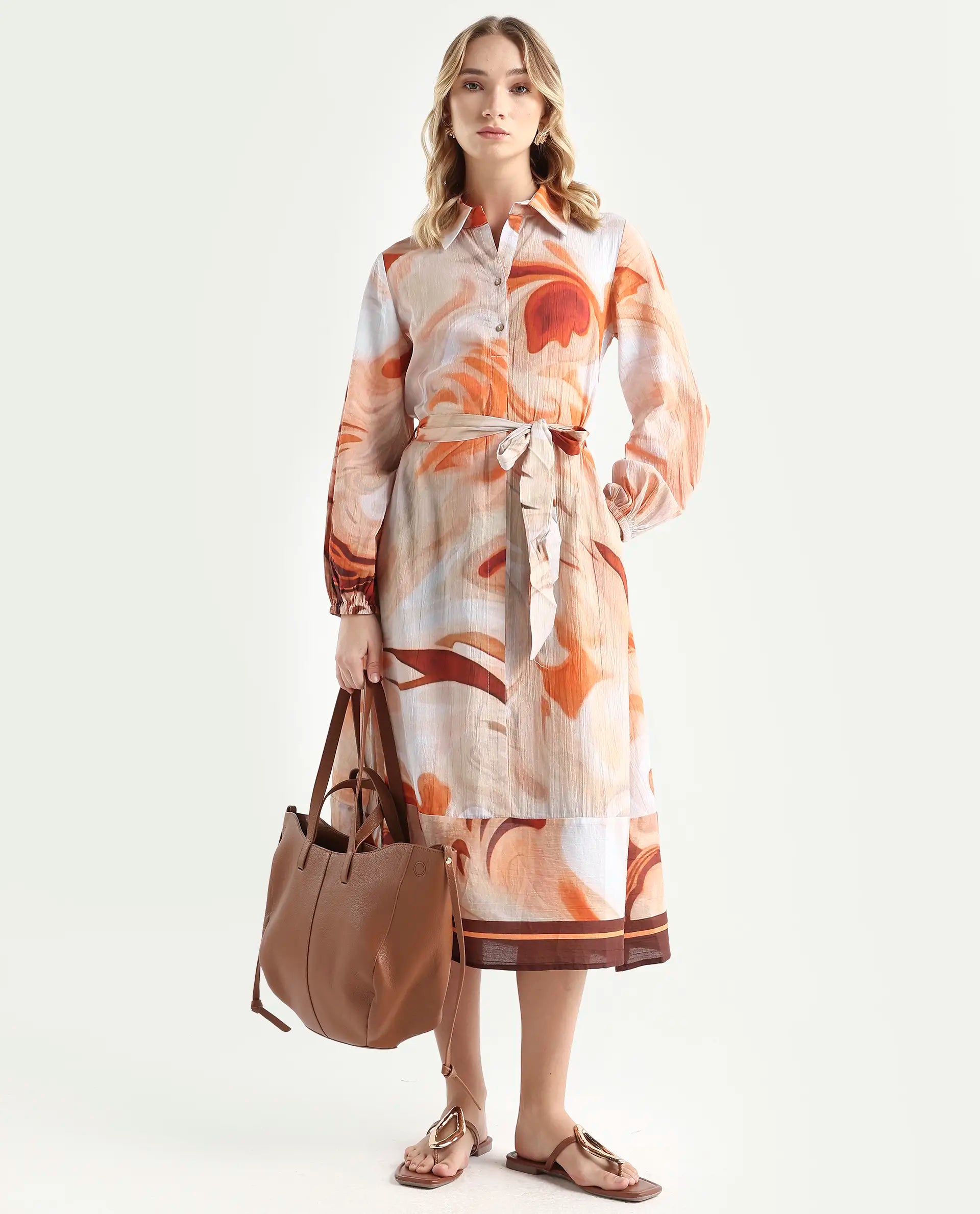 Rareism Women's Massa Light Multi Viscose Blend Drop Collar Abstract Print Bishop Sleeve Midi Relaxed Fit Dress