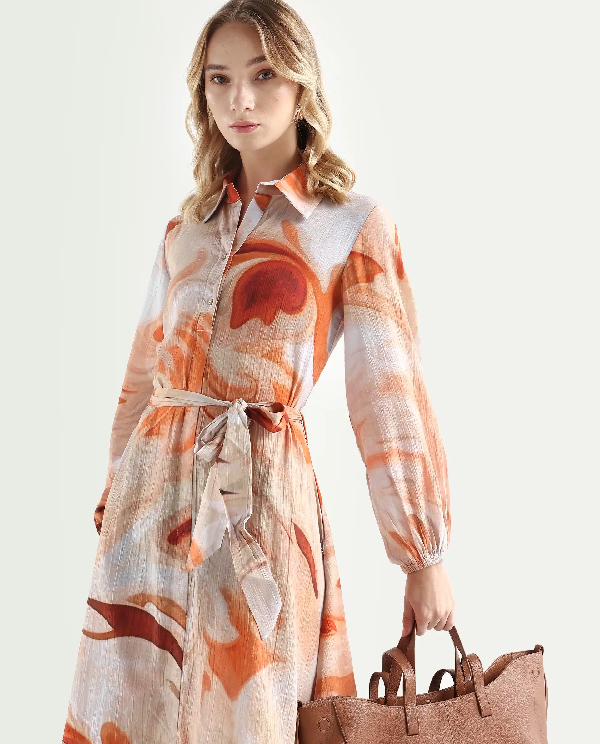 Rareism Women's Massa Light Multi Viscose Blend Drop Collar Abstract Print Bishop Sleeve Midi Relaxed Fit Dress