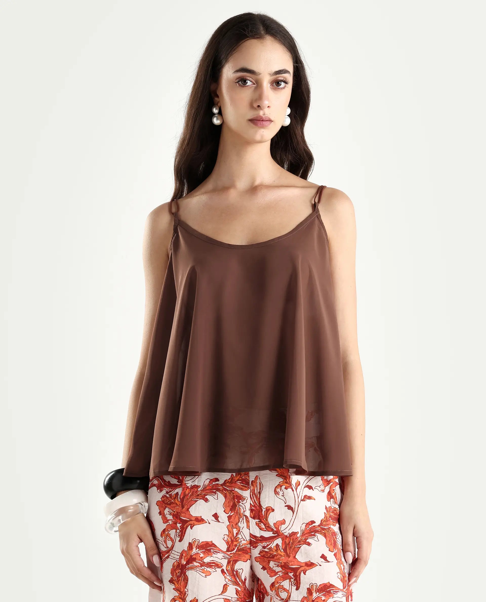 Rareism Women's Kuso Rust Polyester Shoulder Strap Plain Sleeveless Relaxed Fit Top