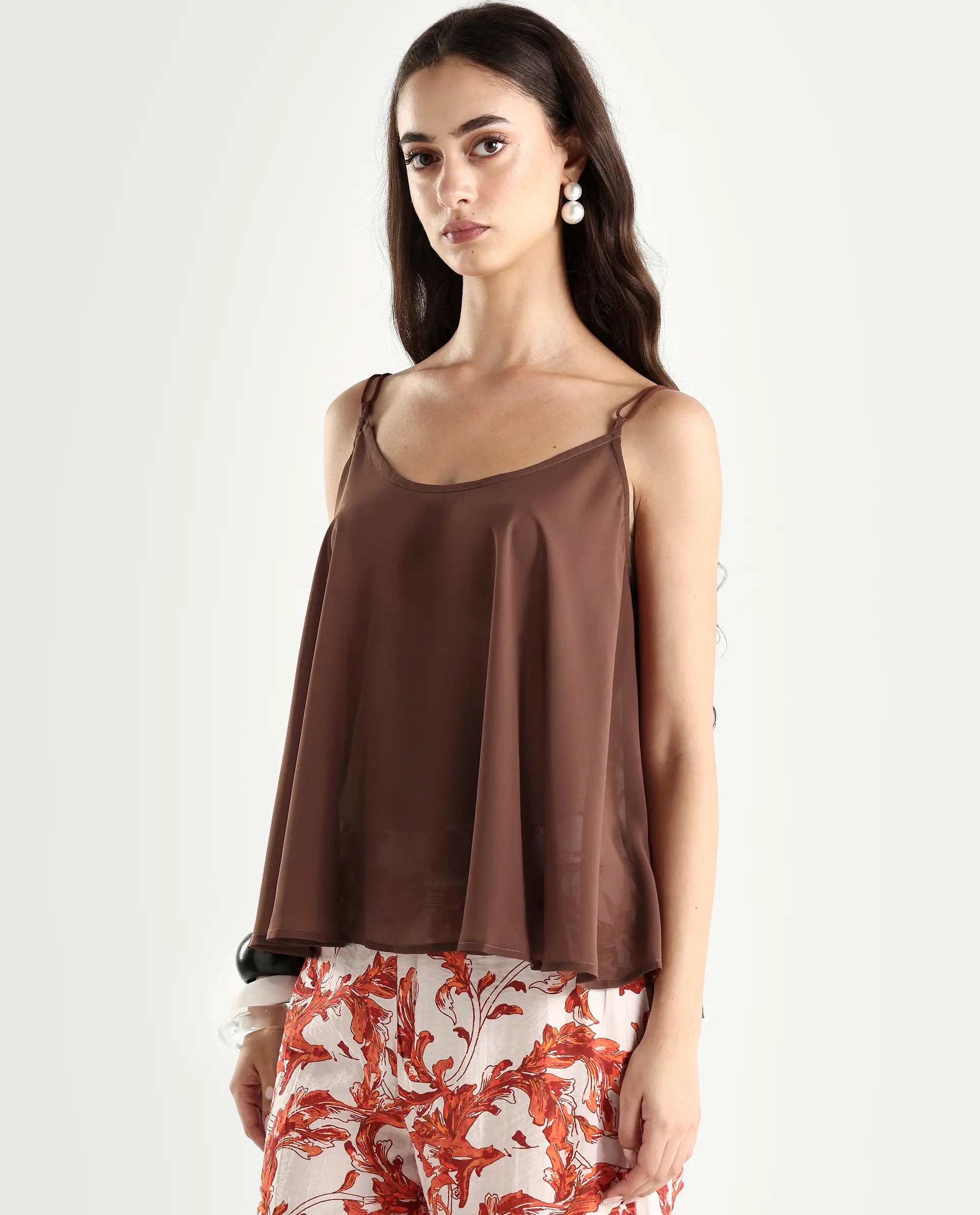 Rareism Women's Kuso Rust Polyester Shoulder Strap Plain Sleeveless Relaxed Fit Top