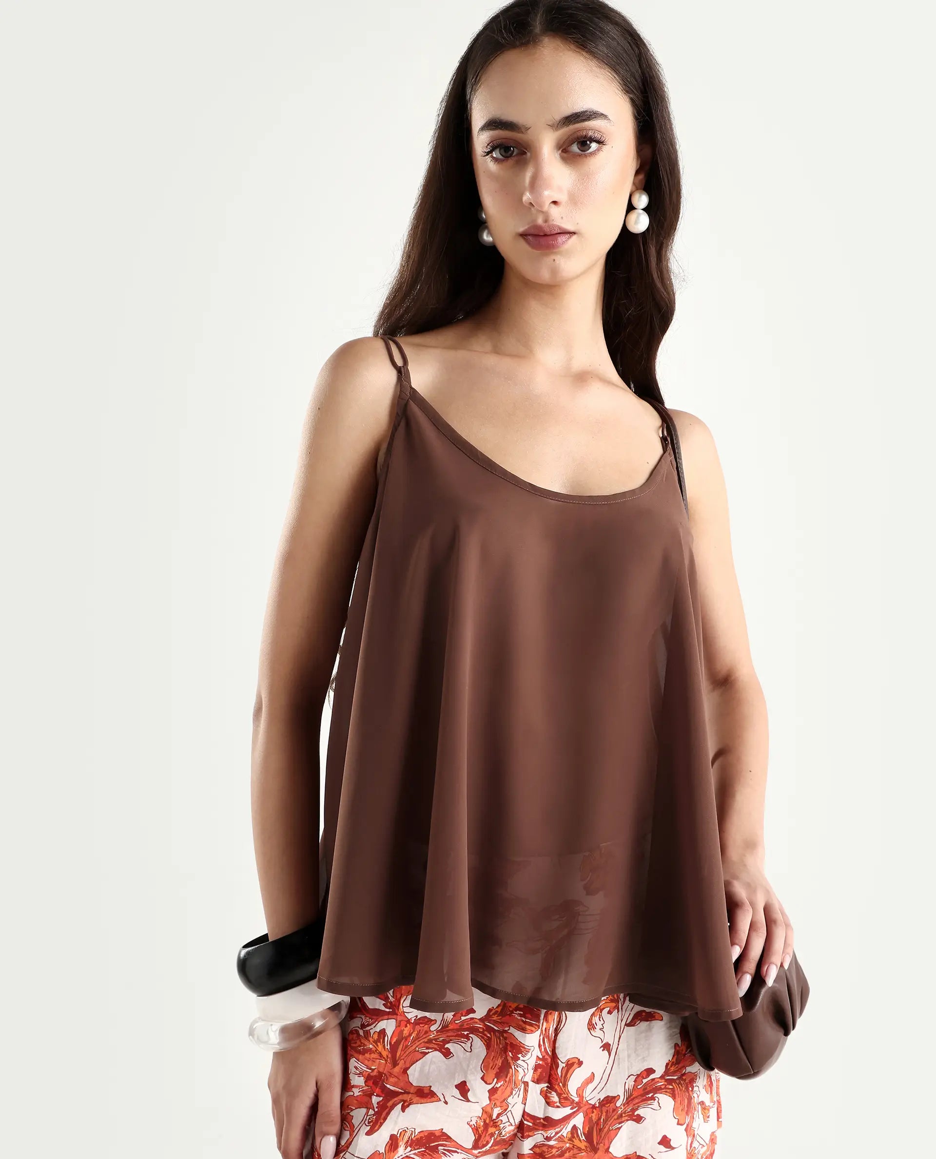 Rareism Women's Kuso Rust Polyester Shoulder Strap Plain Sleeveless Relaxed Fit Top