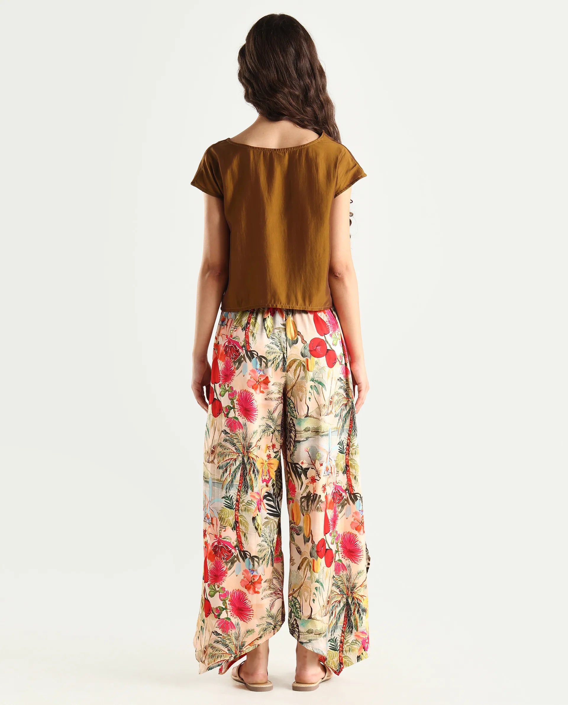 Rareism Women's Janary Multi Cotton Blend Tropical Print Ankle Length Flared Trouser