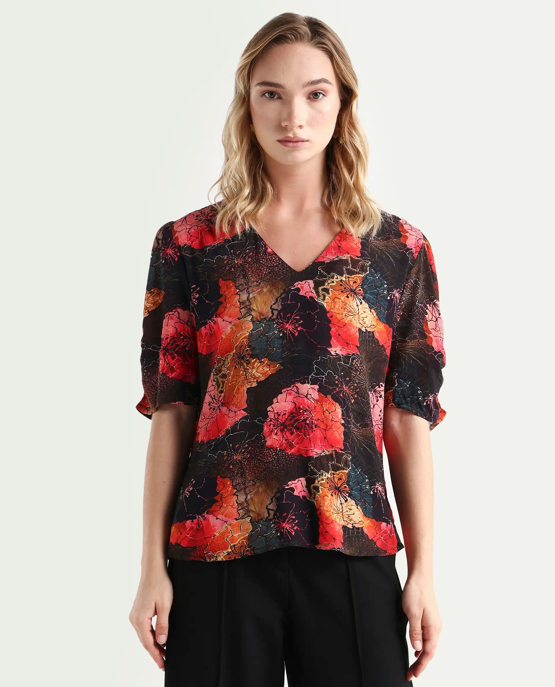 Rareism Women's Labia Multi Cotton Blend V-Neck Floral Print Bell Sleeve Crop Regular Fit Top