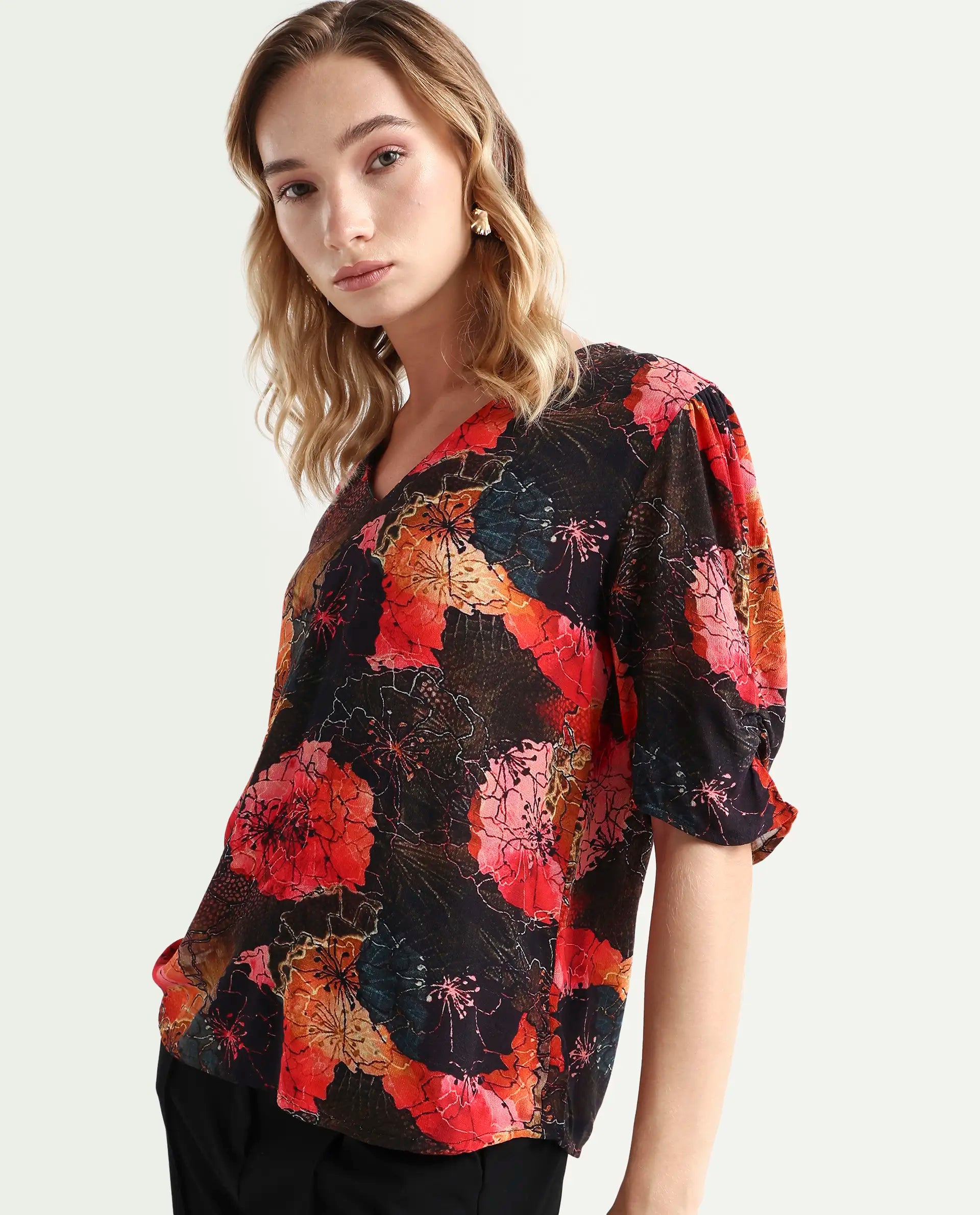 Rareism Women's Labia Multi Cotton Blend V-Neck Floral Print Bell Sleeve Crop Regular Fit Top