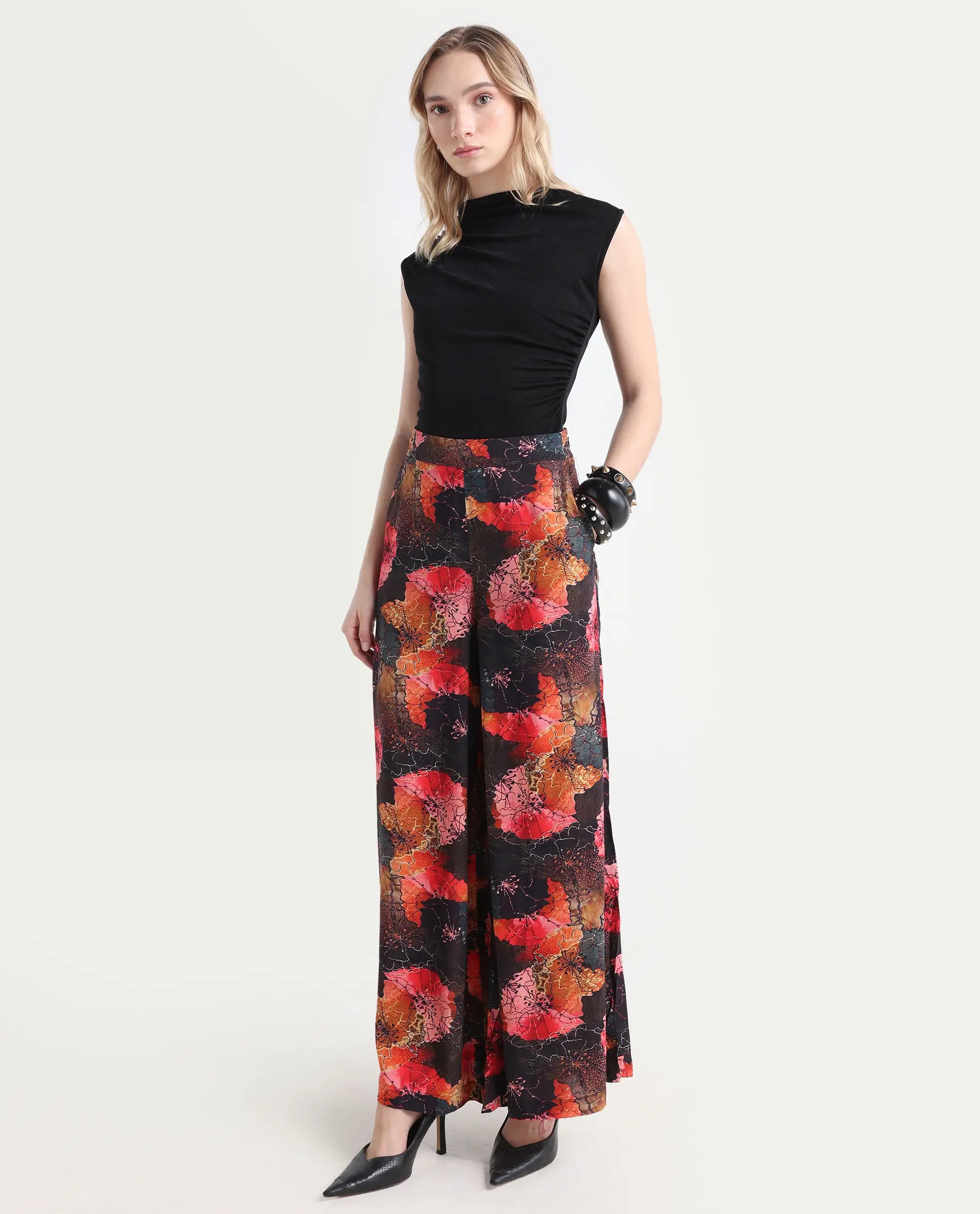 Rareism Women's Makia Multi Viscose Blend Floral Print Ankle Length Flared Trouser