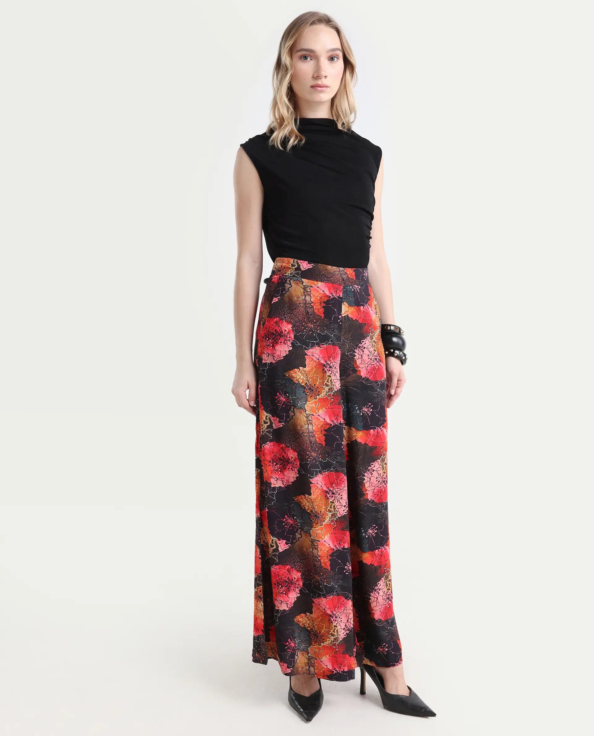 Rareism Women's Makia Multi Viscose Blend Floral Print Ankle Length Flared Trouser