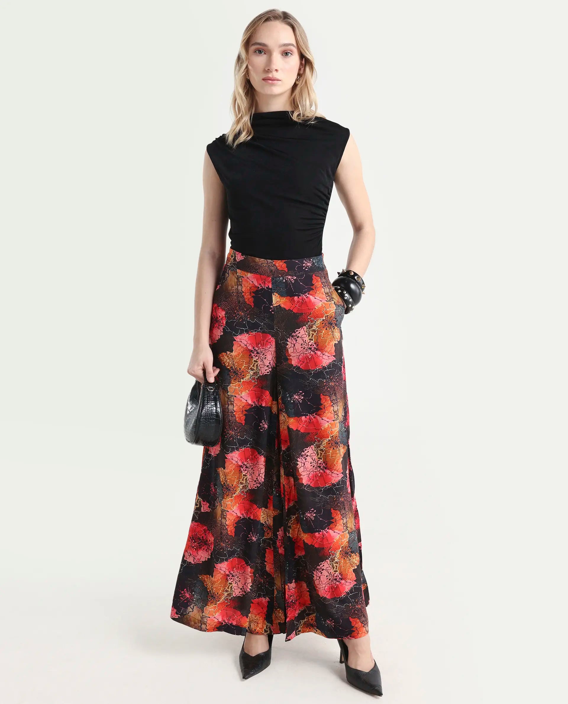 Rareism Women's Makia Multi Viscose Blend Floral Print Ankle Length Flared Trouser