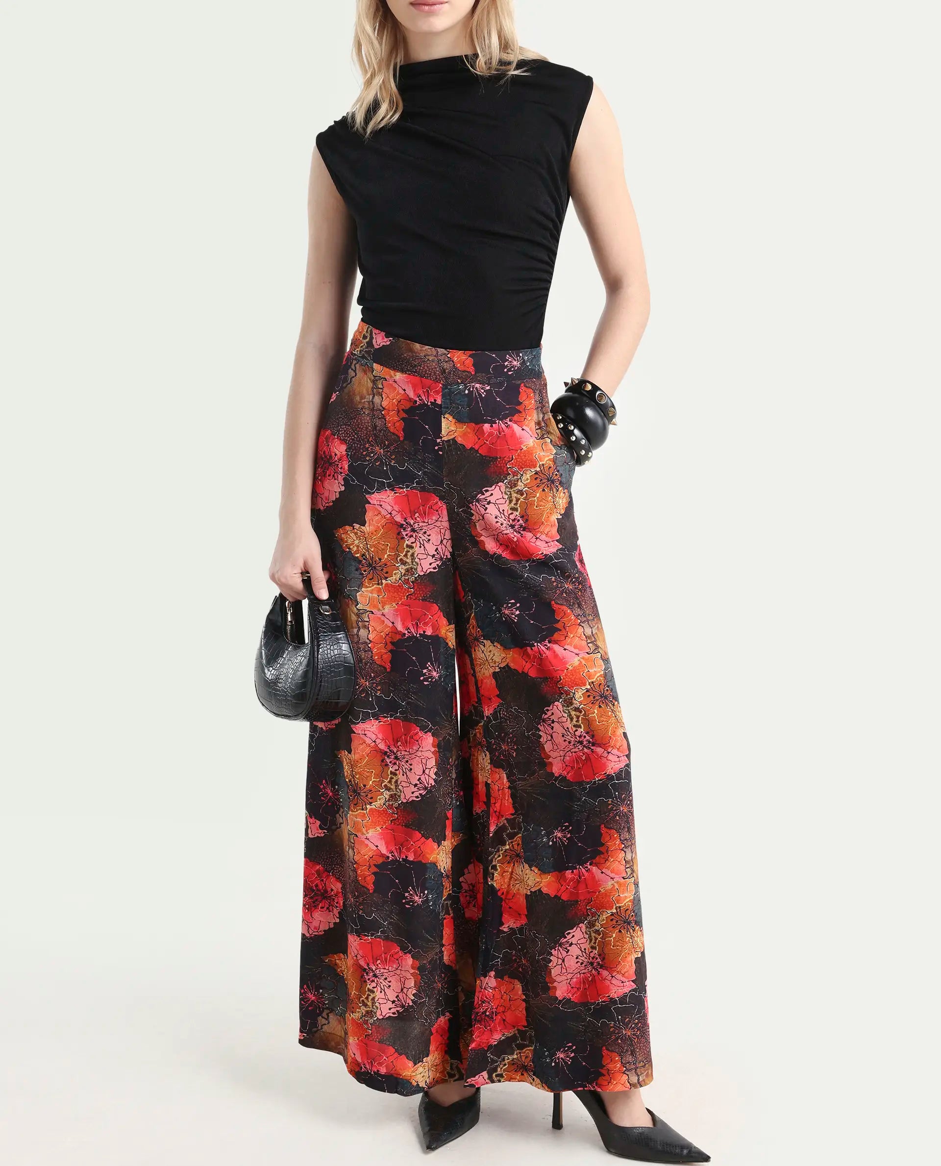 Rareism Women's Makia Multi Viscose Blend Floral Print Ankle Length Flared Trouser