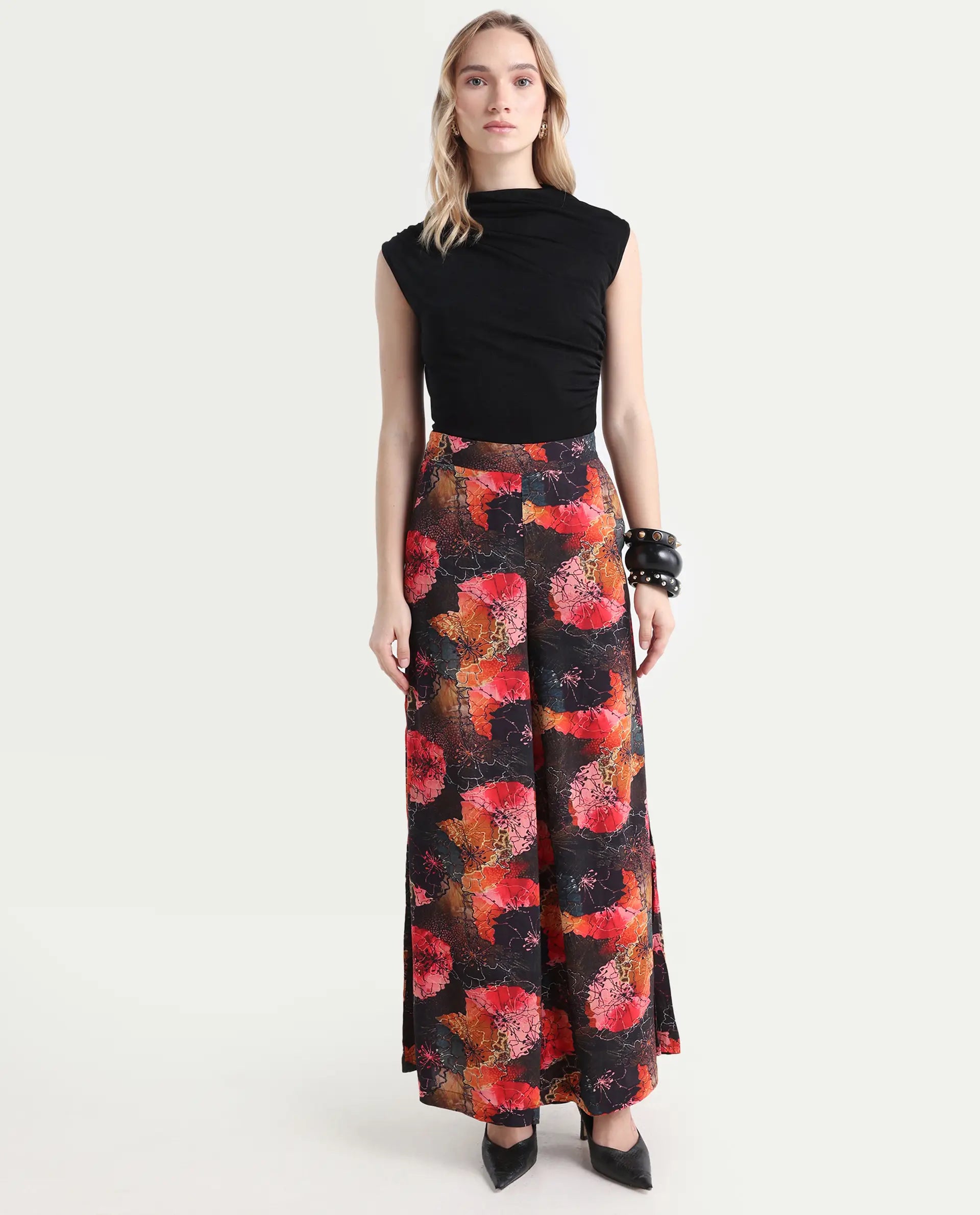 Rareism Women's Makia Multi Viscose Blend Floral Print Ankle Length Flared Trouser