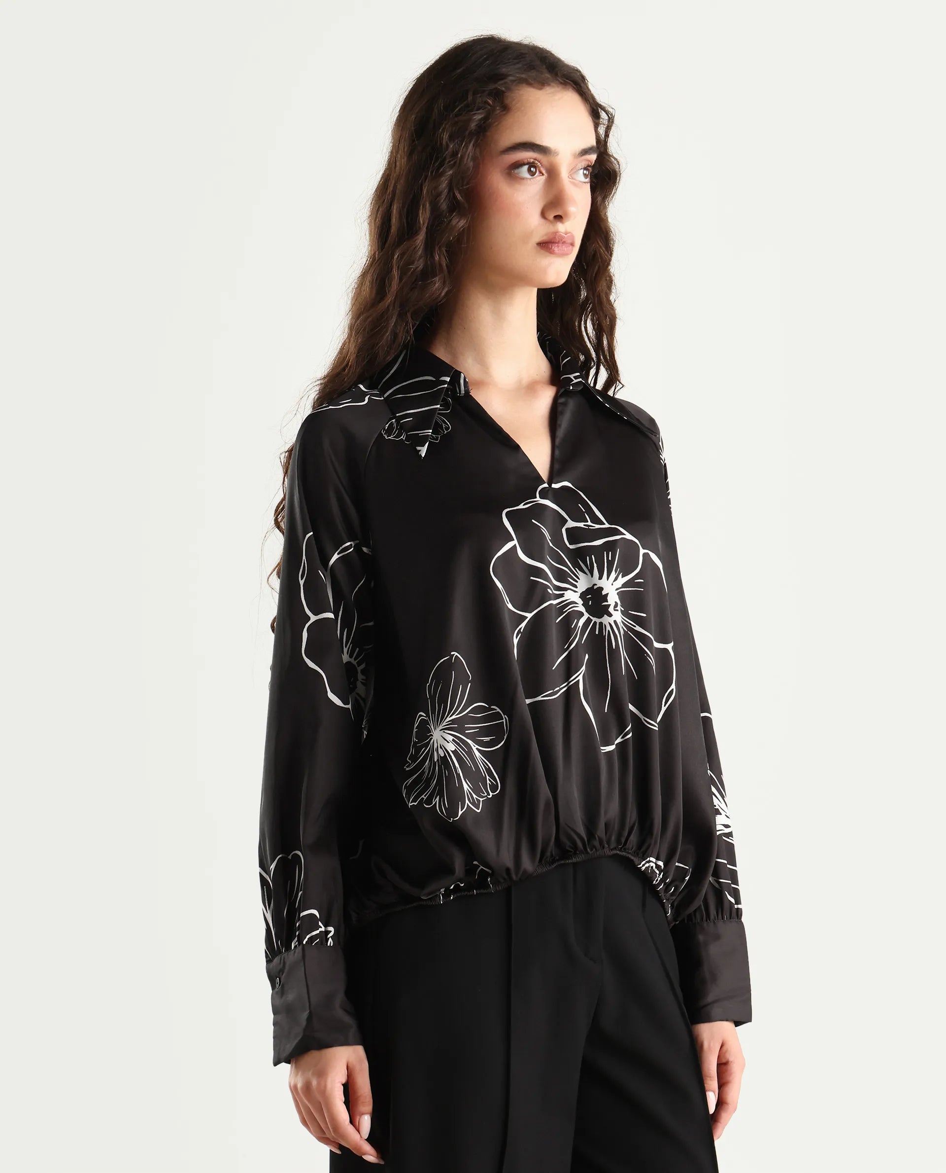 Rareism Women's Olin Dark Brown Polyester Drop Collar Floral Print Raglan Sleeve Regular Fit Top