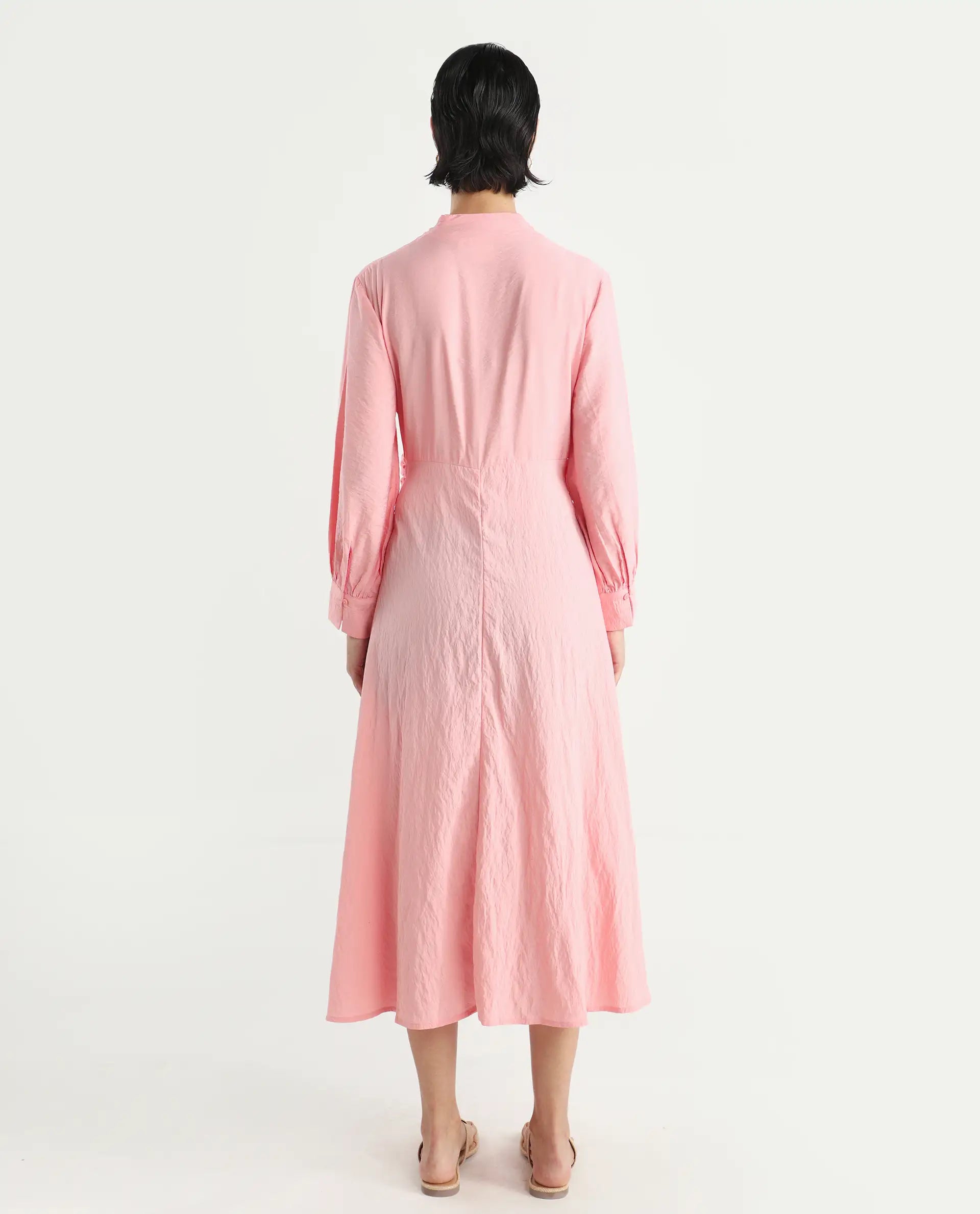 Rareism Women's Samran Peach Nylon Blend V-Neck Plain Bishop Sleeve Maxi Fit And Flare Dress