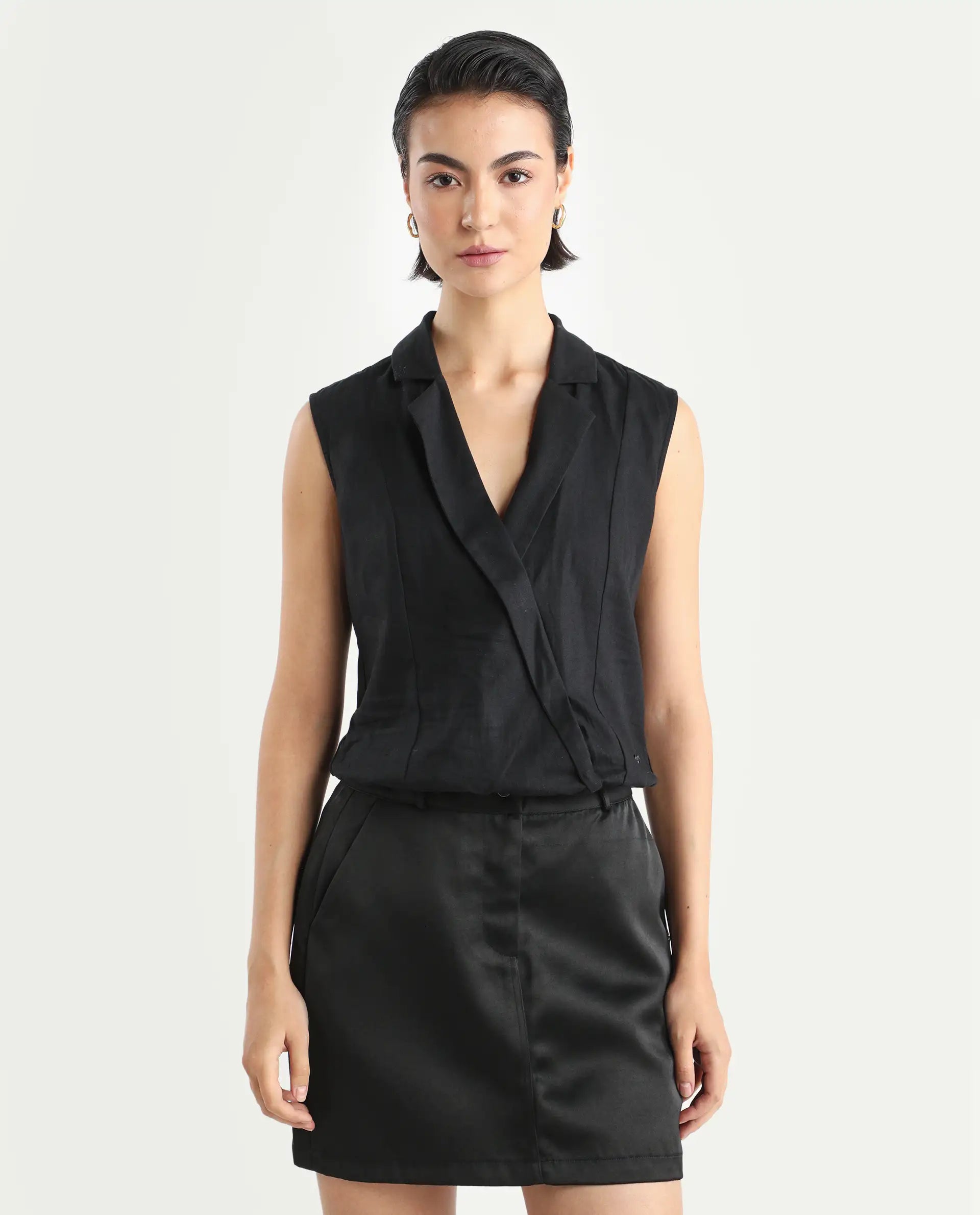 Rareism Women's Lolia Black Cotton Blend Lapel Neck Plain Sleeveless Regular Fit Top