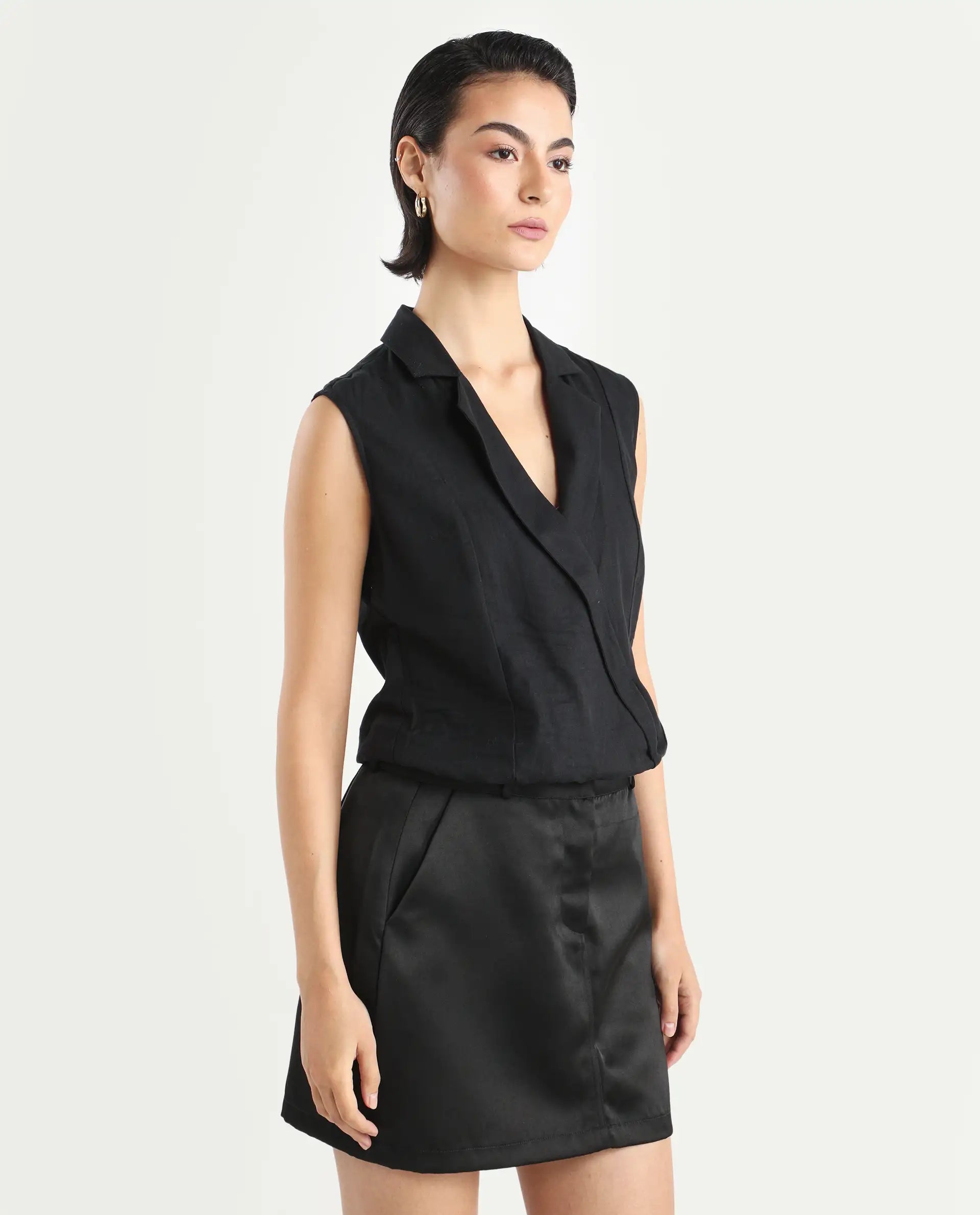 Rareism Women's Lolia Black Cotton Blend Lapel Neck Plain Sleeveless Regular Fit Top