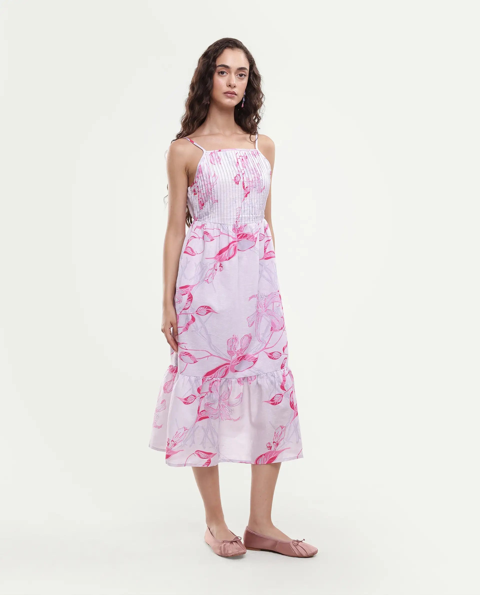 Rareism Women's Kanora Dusky Purple Cotton Blend Shoulder Strap Floral Print Sleeveless Midi Fit And Flare Dress