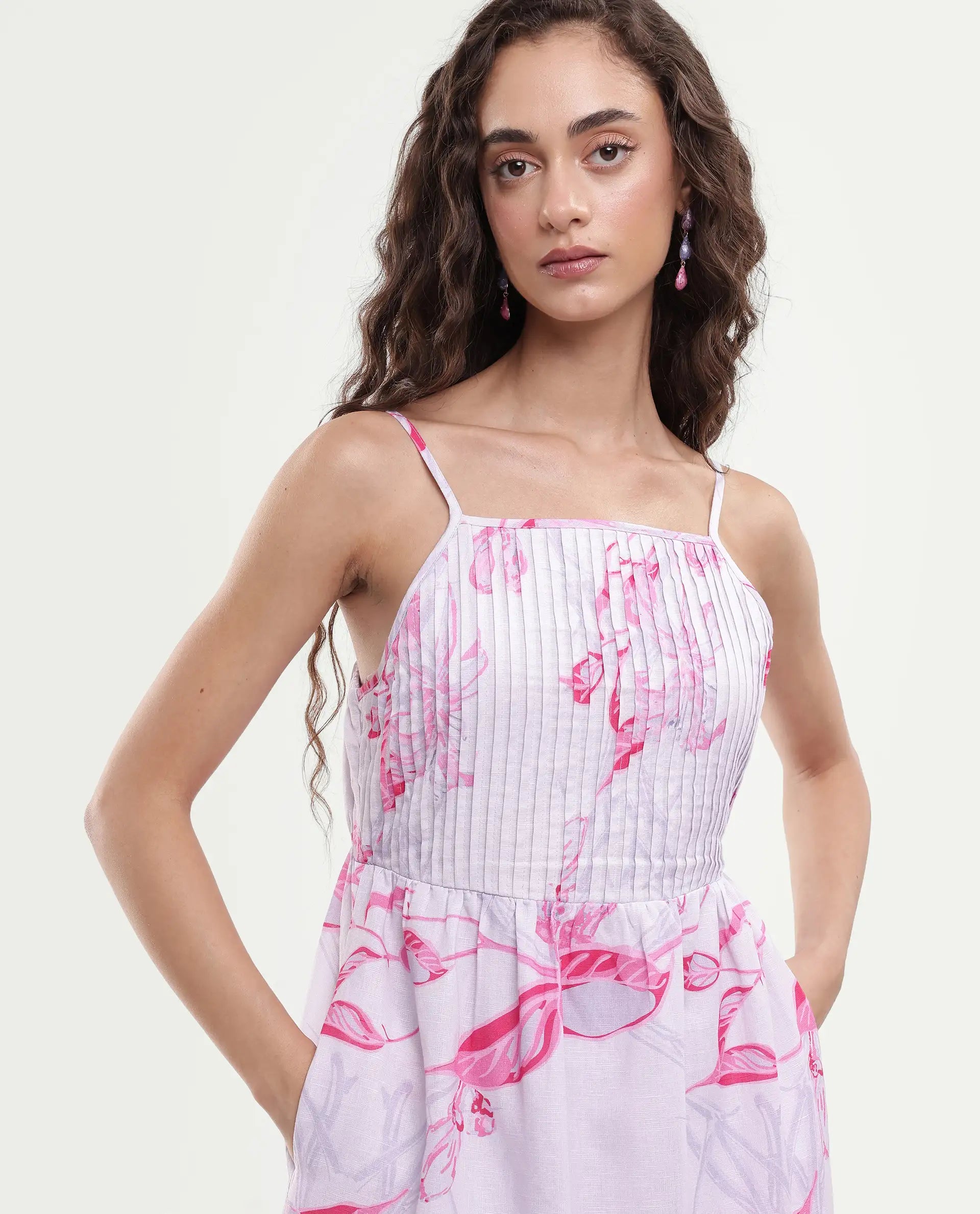 Rareism Women's Kanora Dusky Purple Cotton Blend Shoulder Strap Floral Print Sleeveless Midi Fit And Flare Dress