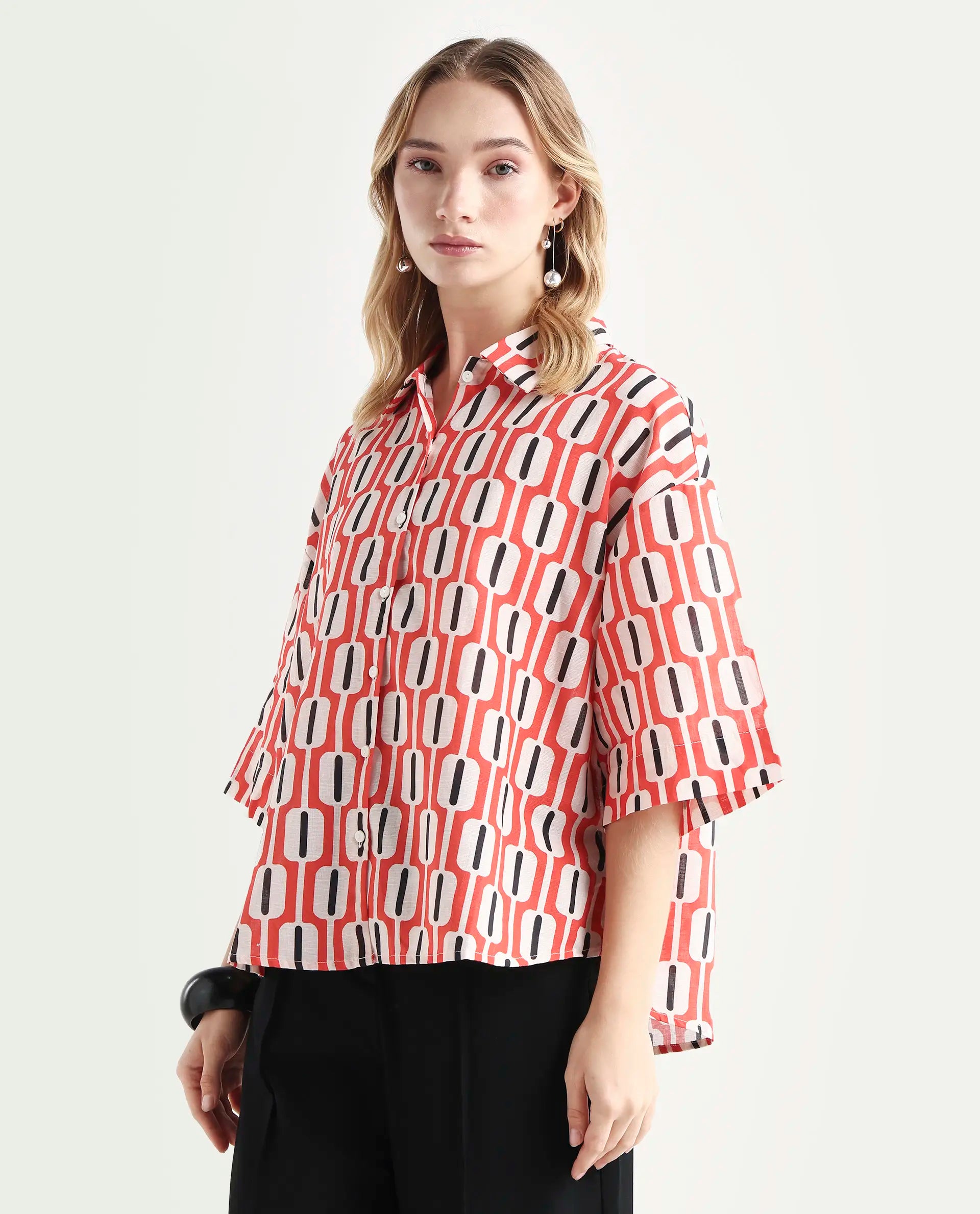 Rareism Women's Koor Multi Cotton Blend Drop Collar Geometric Print Relaxed Fit Shirt