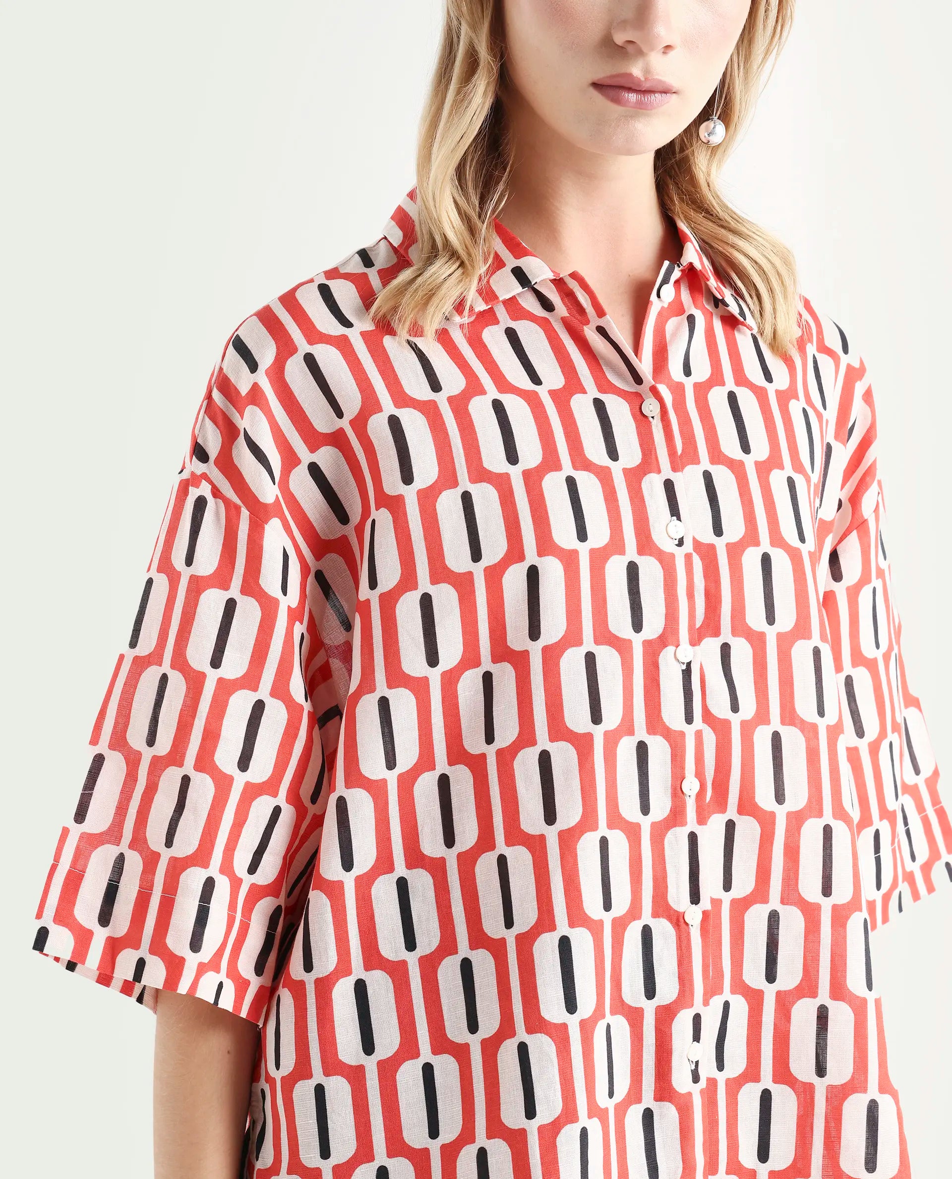 Rareism Women's Koor Multi Cotton Blend Drop Collar Geometric Print Relaxed Fit Shirt