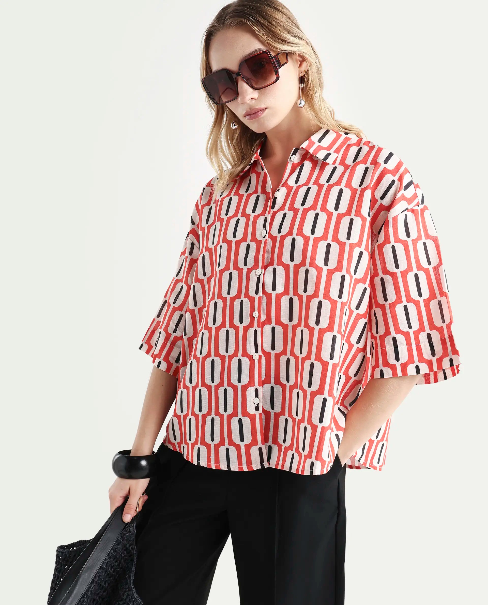 Rareism Women's Koor Multi Cotton Blend Drop Collar Geometric Print Relaxed Fit Shirt