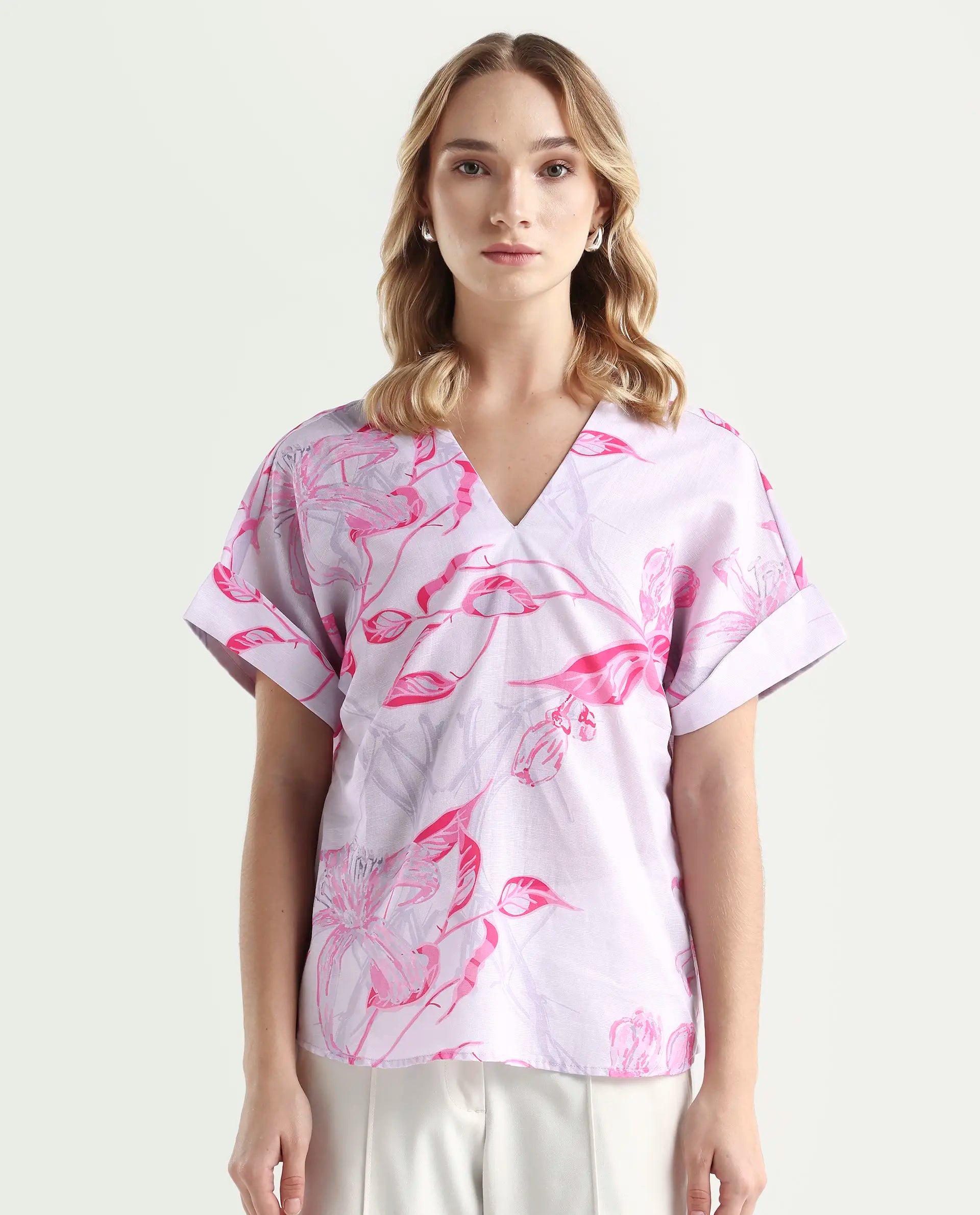 Rareism Women's Kyor Dusky Purple Cotton Blend V-Neck Floral Print Extended Sleeves Regular Fit Top