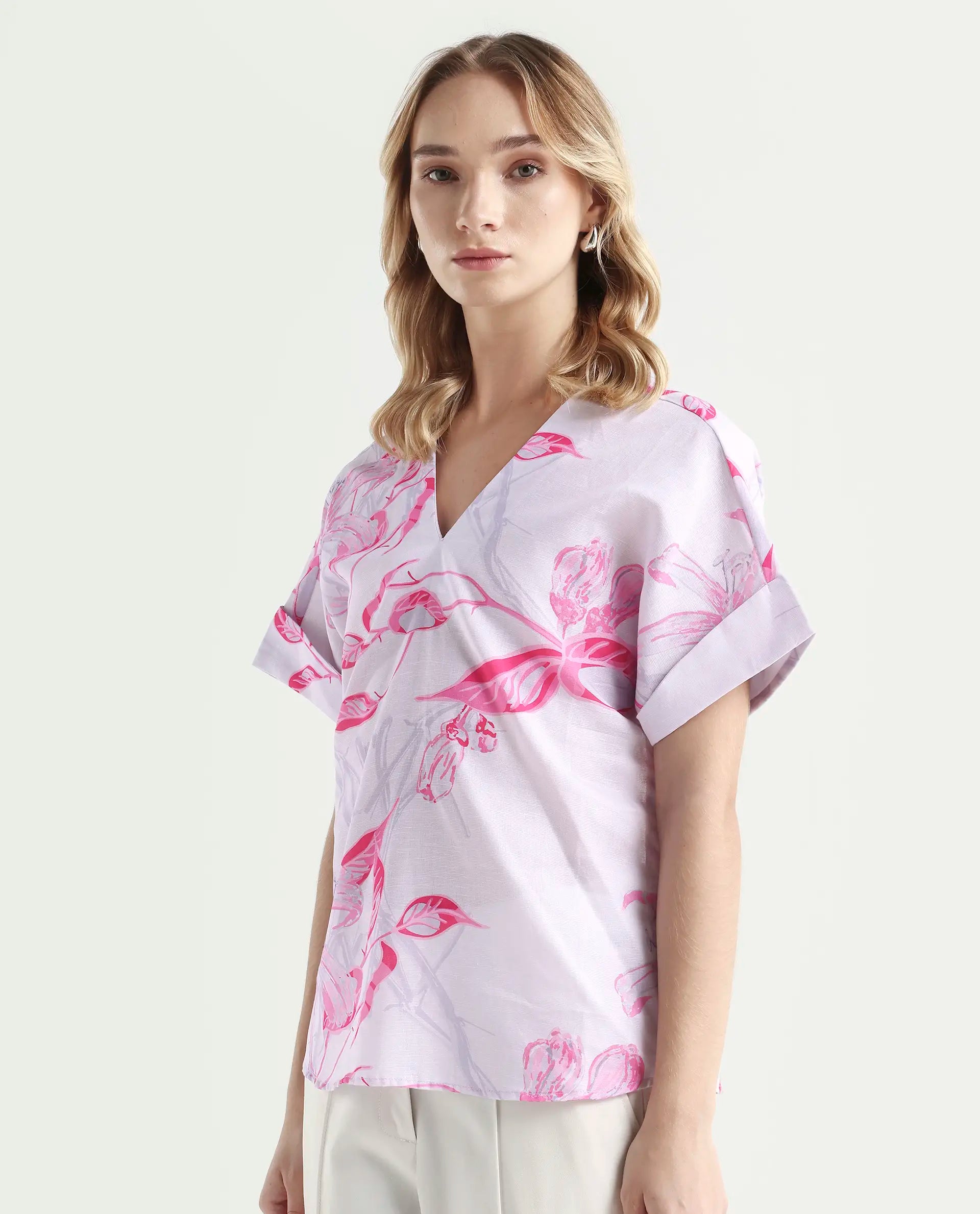 Rareism Women's Kyor Dusky Purple Cotton Blend V-Neck Floral Print Extended Sleeves Regular Fit Top