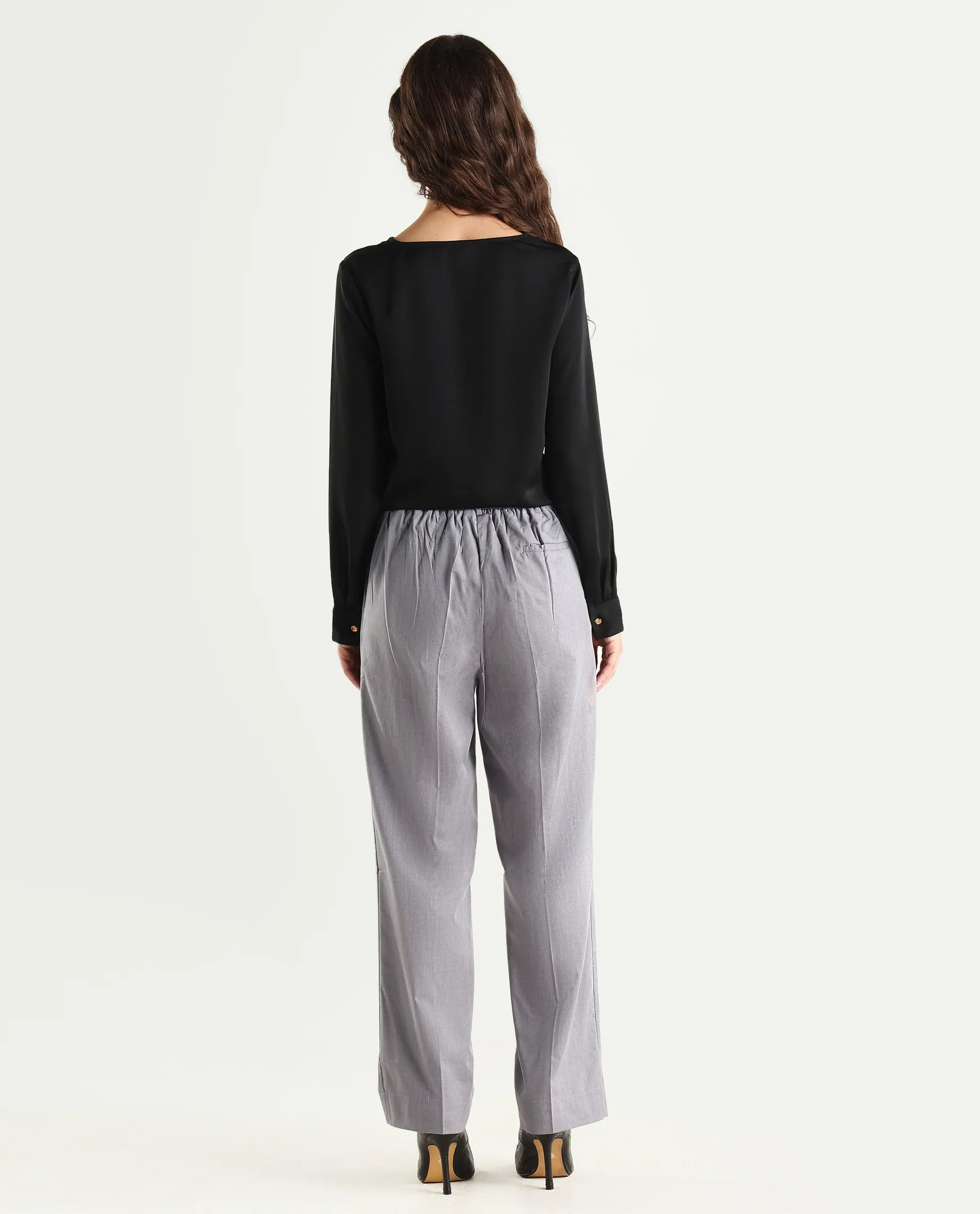 Rareism Women's Tiza Grey Polyester Blend Plain Ankle Length Straight Fit Trouser