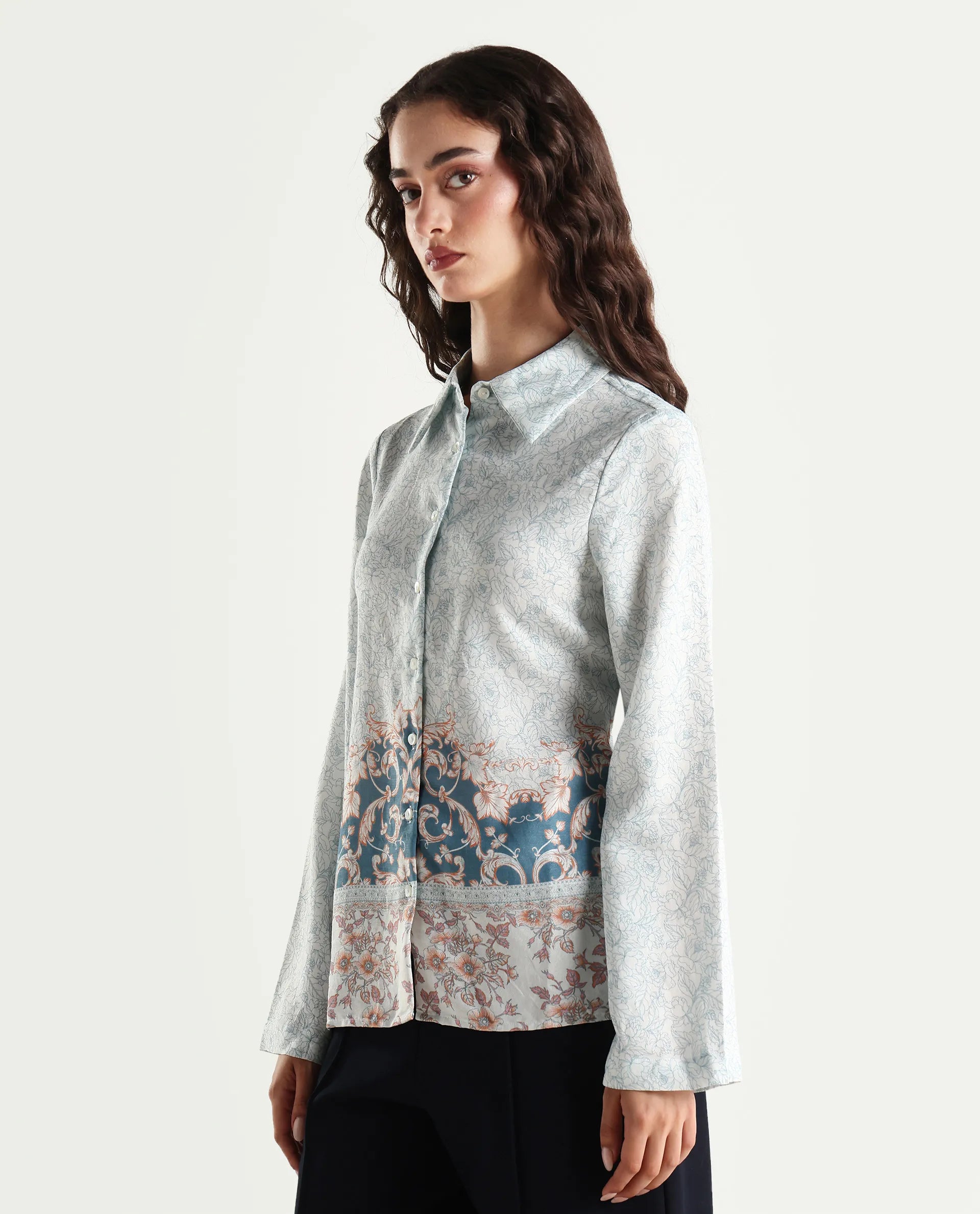 Rareism Women's Sesent Light Multi Viscose Blend Drop Collar Tropical Print Cuffed Sleeve Regular Fit Top