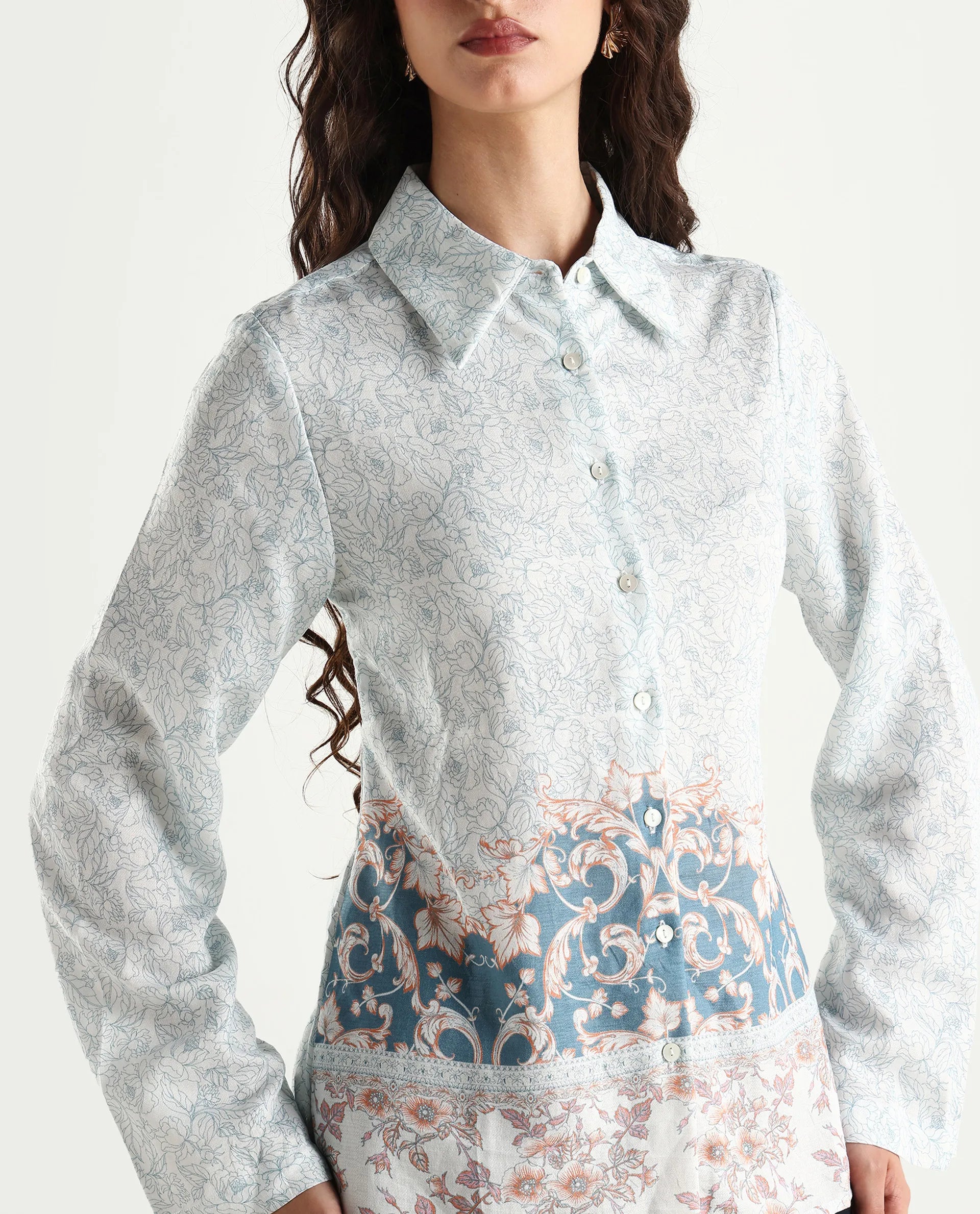 Rareism Women's Sesent Light Multi Viscose Blend Drop Collar Tropical Print Cuffed Sleeve Regular Fit Top
