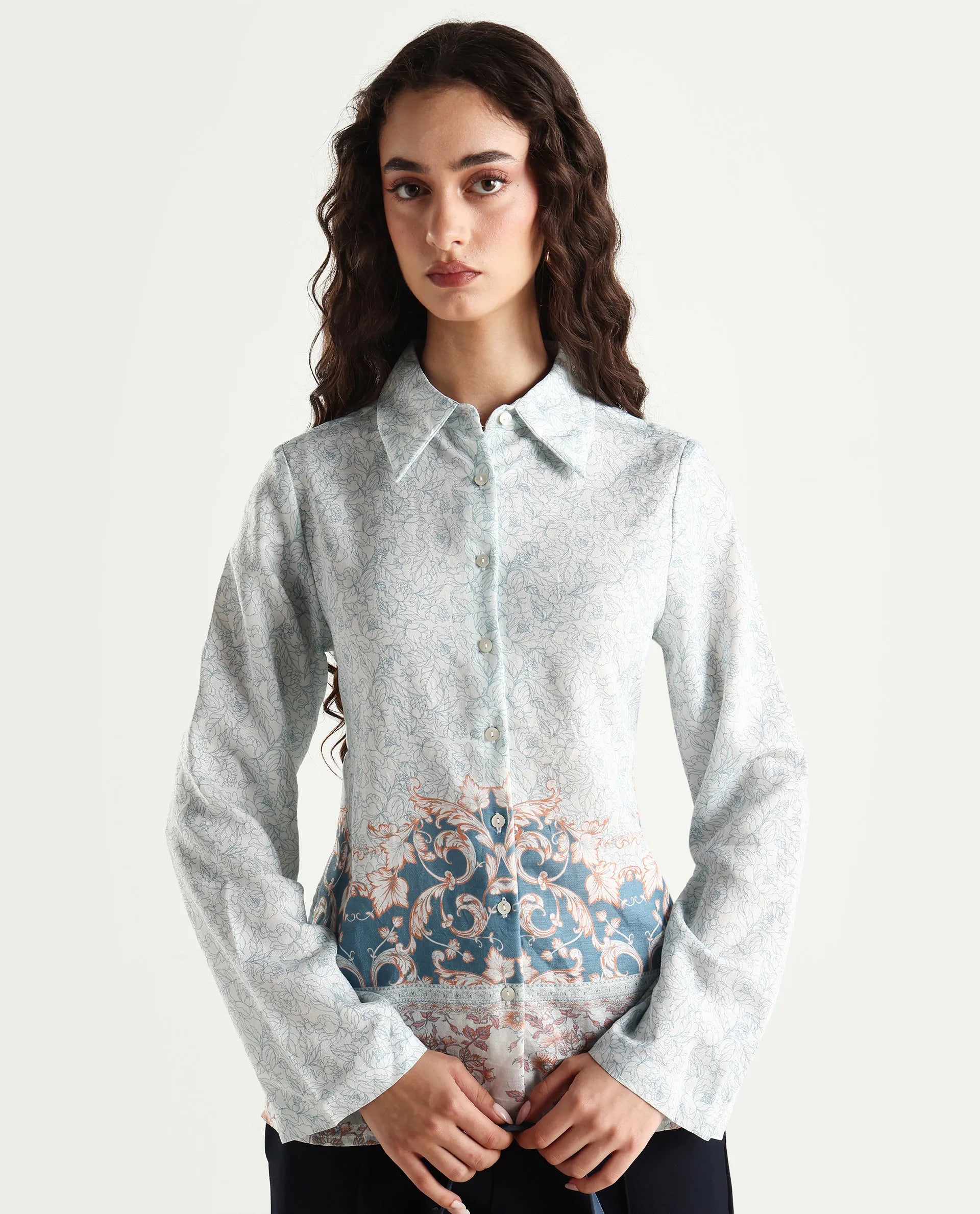 Rareism Women's Sesent Light Multi Viscose Blend Drop Collar Tropical Print Cuffed Sleeve Regular Fit Top