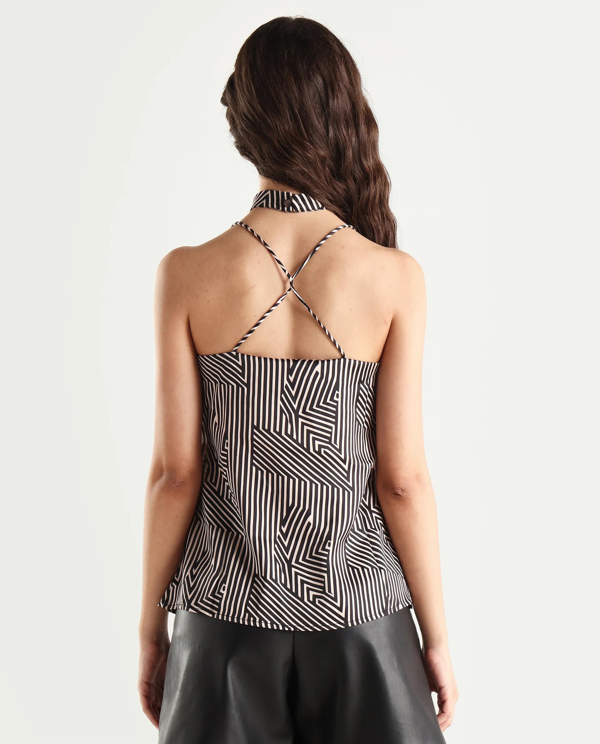 Rareism Women's Tarano Black Cotton Blend Cowl Neck Geometric Print Shoulder Strap Regular Fit Top