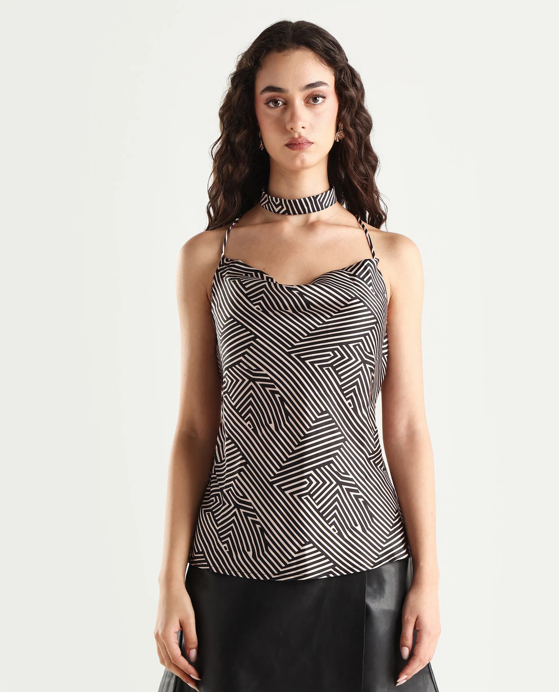 Rareism Women's Tarano Black Cotton Blend Cowl Neck Geometric Print Shoulder Strap Regular Fit Top