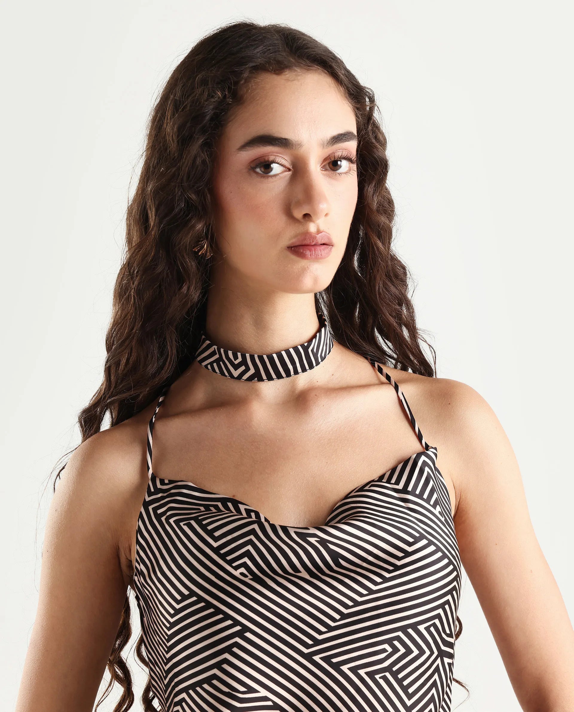 Rareism Women's Tarano Black Cotton Blend Cowl Neck Geometric Print Shoulder Strap Regular Fit Top