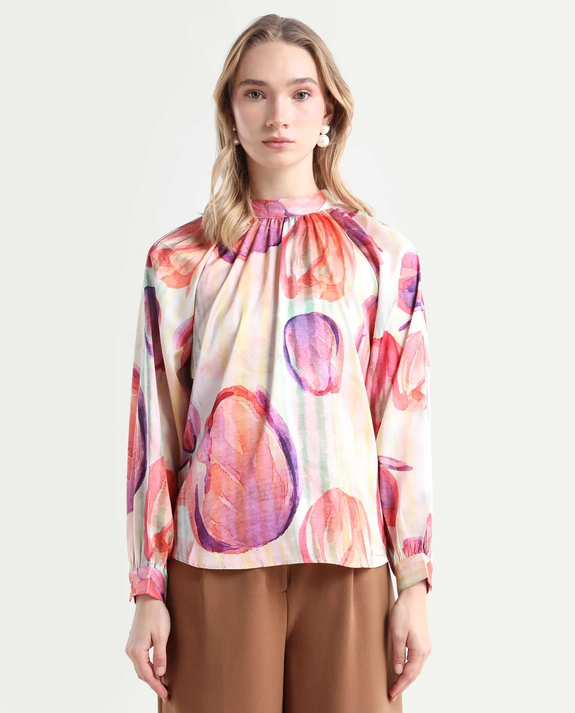 Rareism Women's Raylin Light Multi Polyester High Neck Floral Print Cuffed Sleeve Relaxed Fit Top