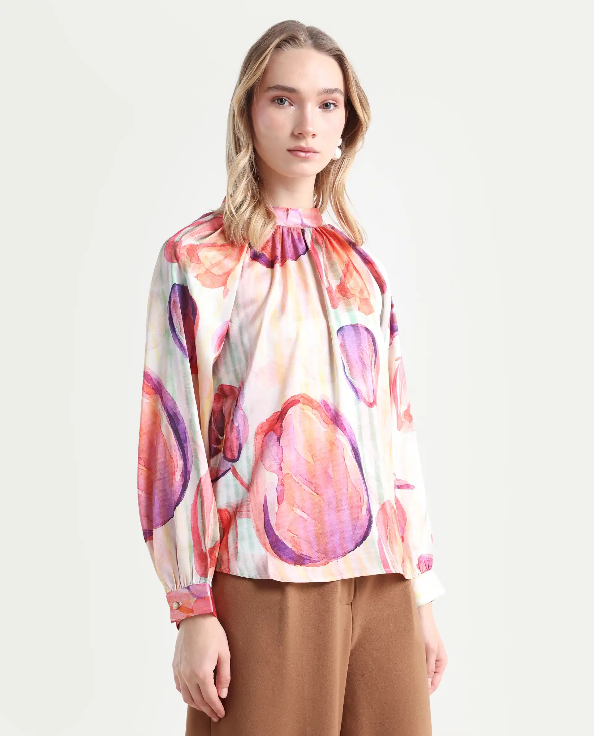 Rareism Women's Raylin Light Multi Polyester High Neck Floral Print Cuffed Sleeve Relaxed Fit Top