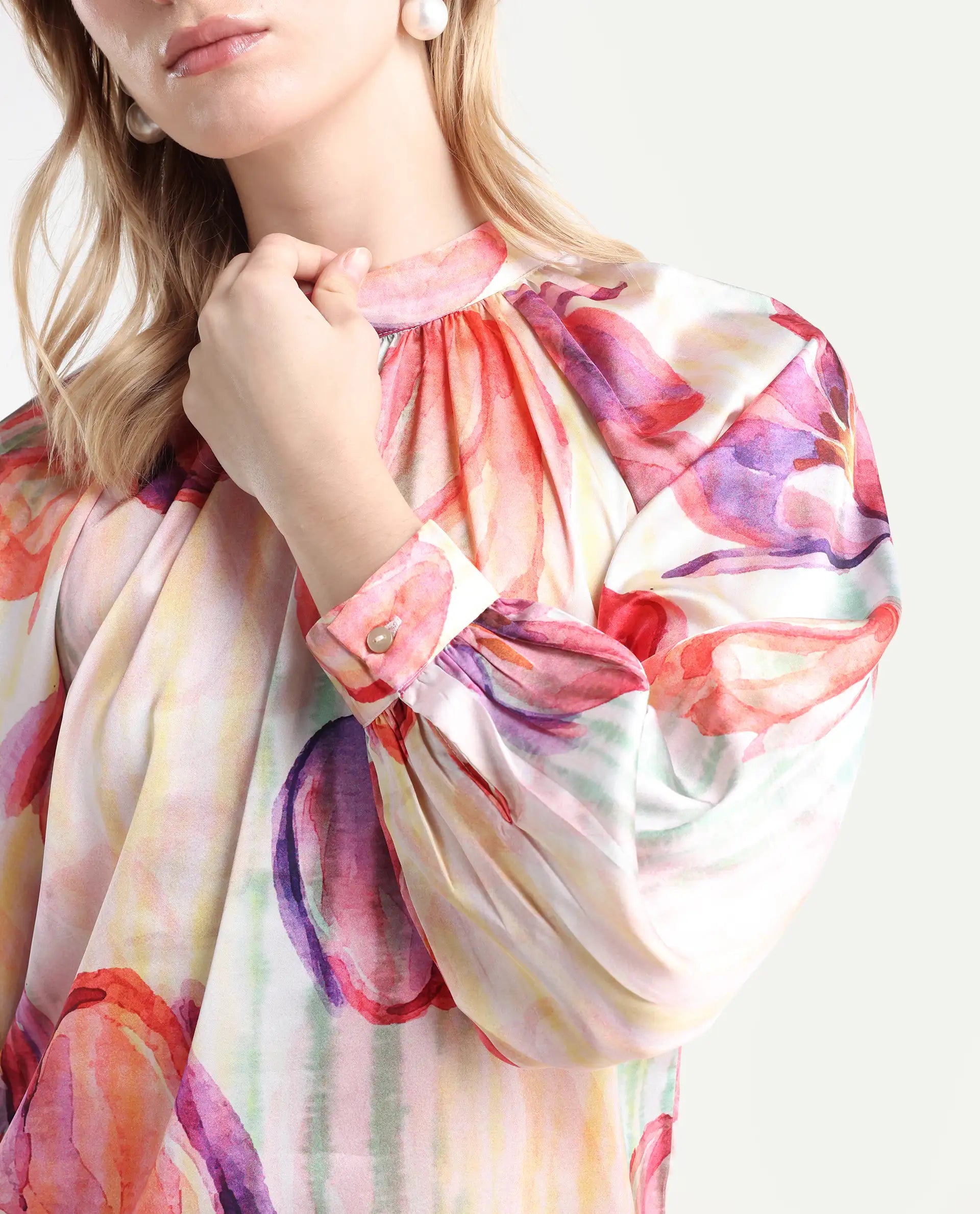 Rareism Women's Raylin Light Multi Polyester High Neck Floral Print Cuffed Sleeve Relaxed Fit Top