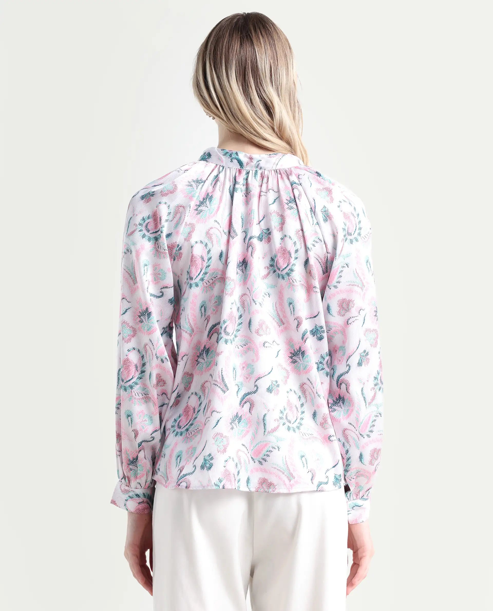 Rareism Women's Aaylinn Multi Polyester Blend High Neck Floral Print Cuffed Sleeve Relaxed Fit Top