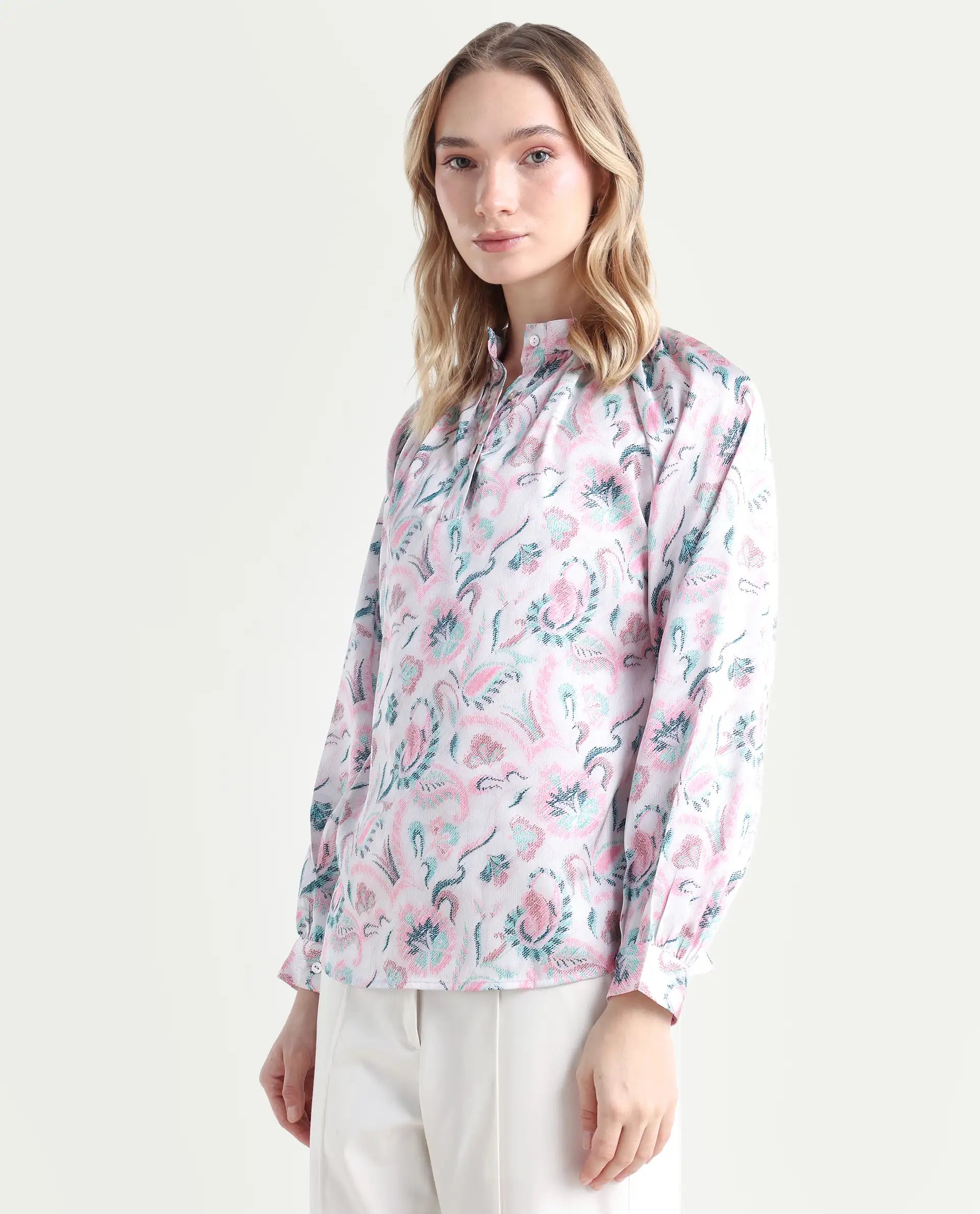 Rareism Women's Aaylinn Multi Polyester Blend High Neck Floral Print Cuffed Sleeve Relaxed Fit Top