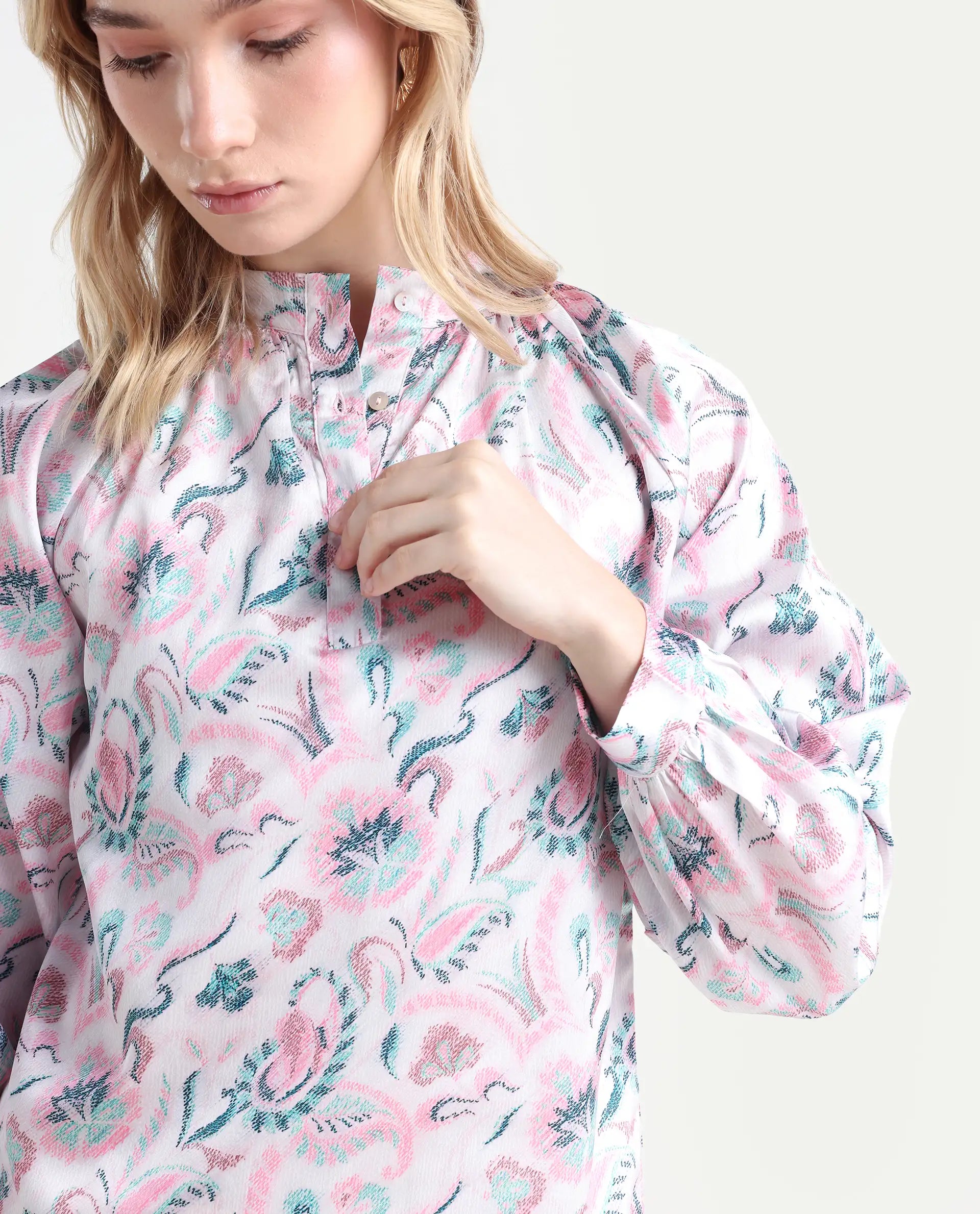 Rareism Women's Aaylinn Multi Polyester Blend High Neck Floral Print Cuffed Sleeve Relaxed Fit Top