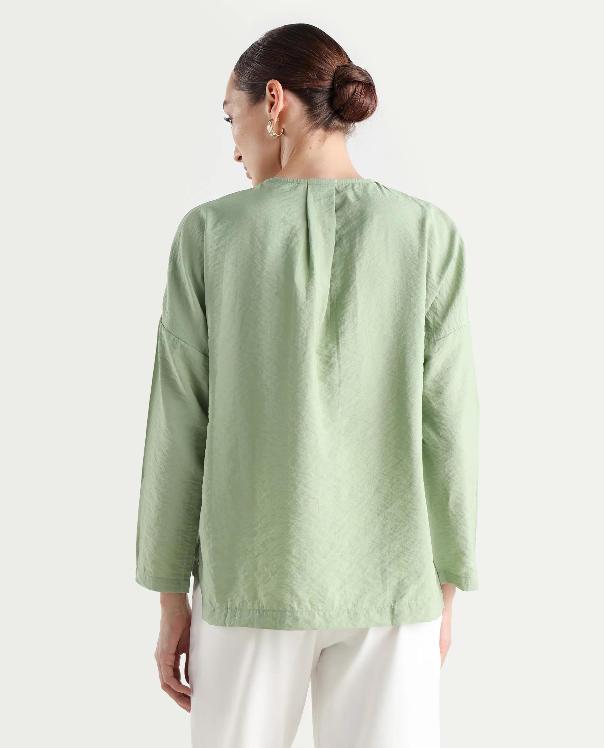 Rareism Women's Drap Green Nylon Blend Lapel Neck Plain Relaxed Fit Top