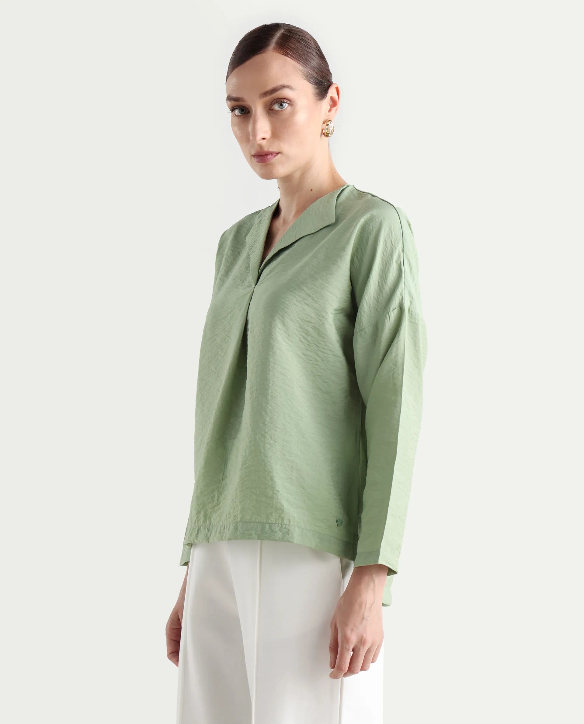 Rareism Women's Drap Green Nylon Blend Lapel Neck Plain Relaxed Fit Top