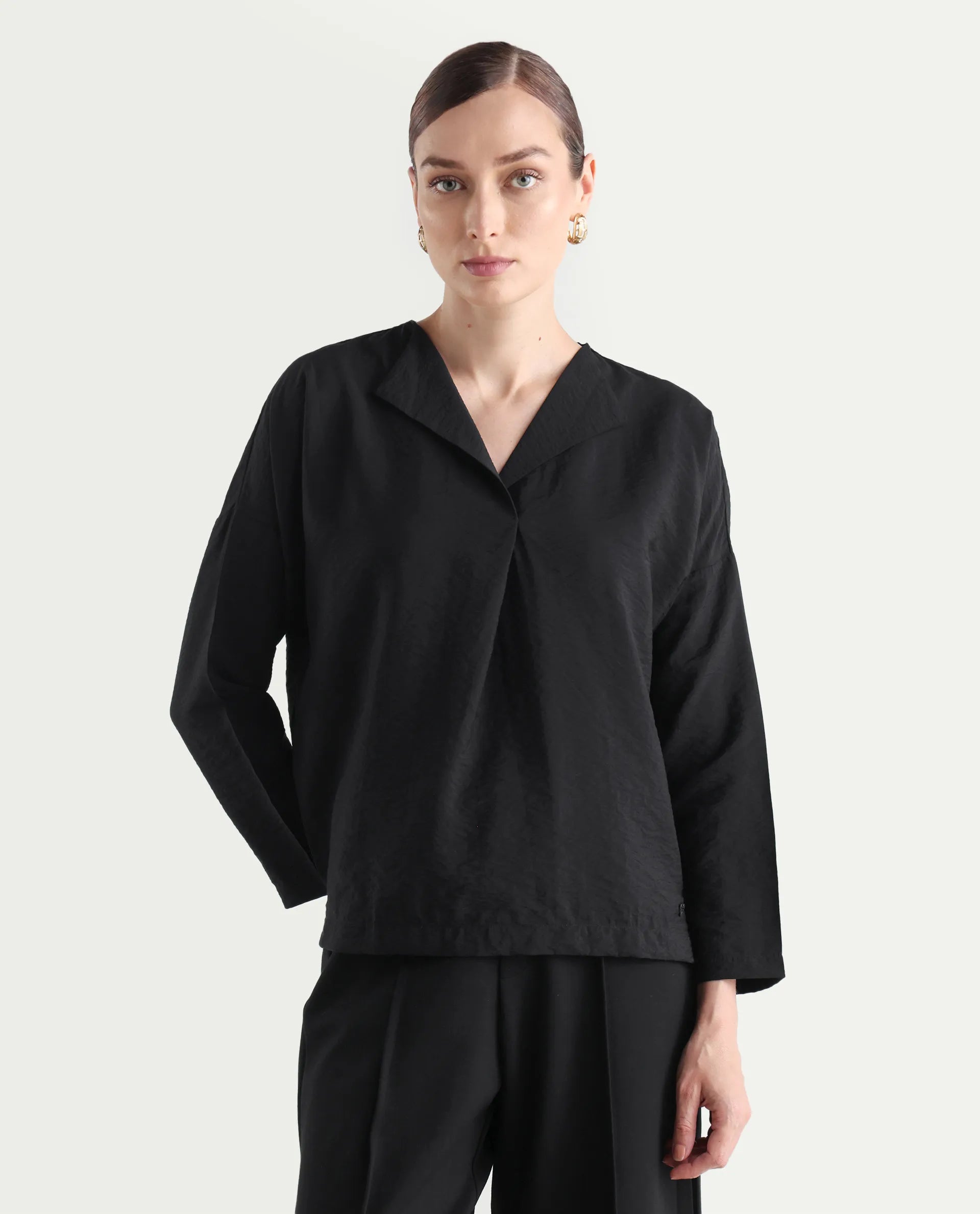 Rareism Women's Drap Black Nylon Blend Lapel Neck Plain Relaxed Fit Top