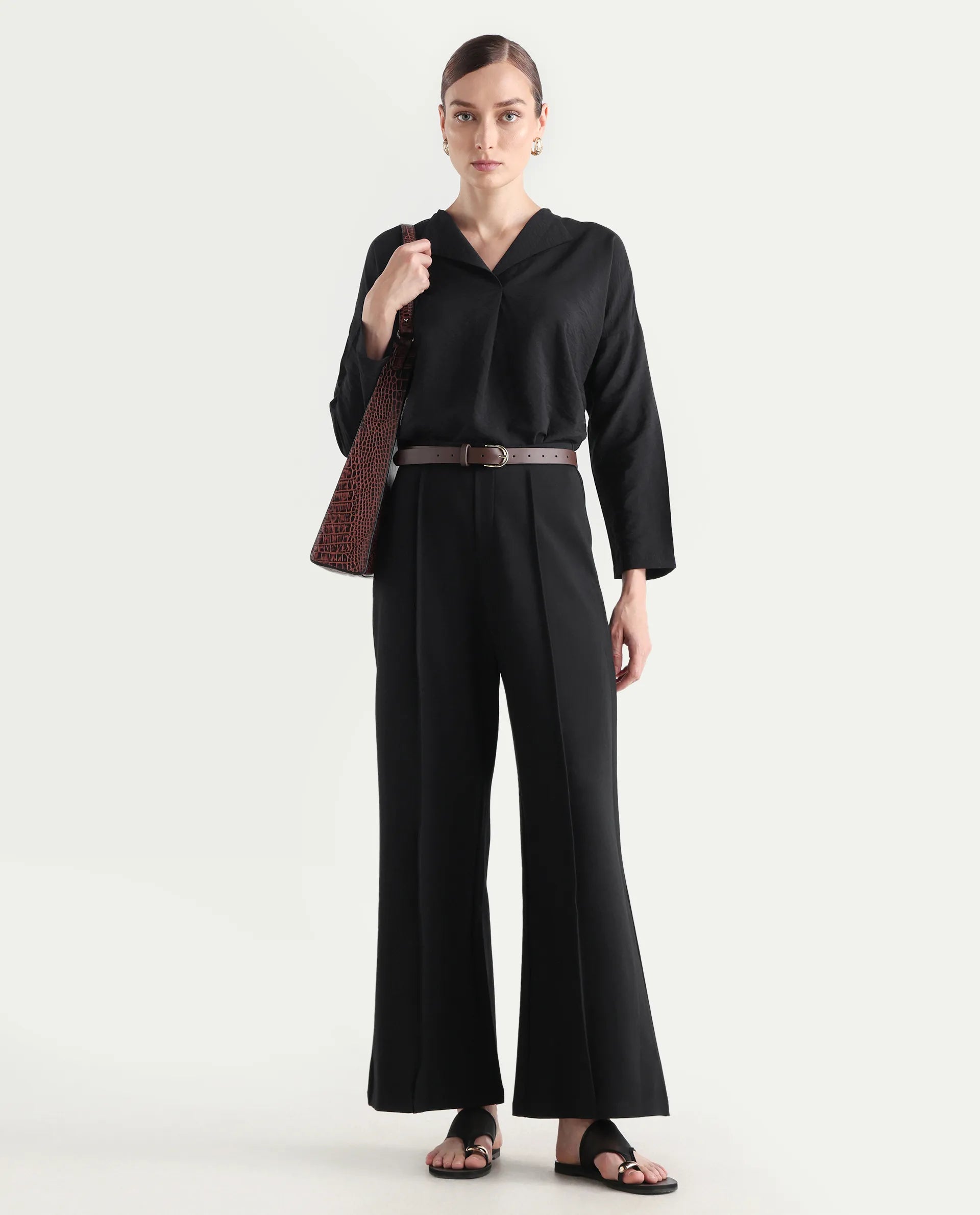 Rareism Women's Drap Black Nylon Blend Lapel Neck Plain Relaxed Fit Top