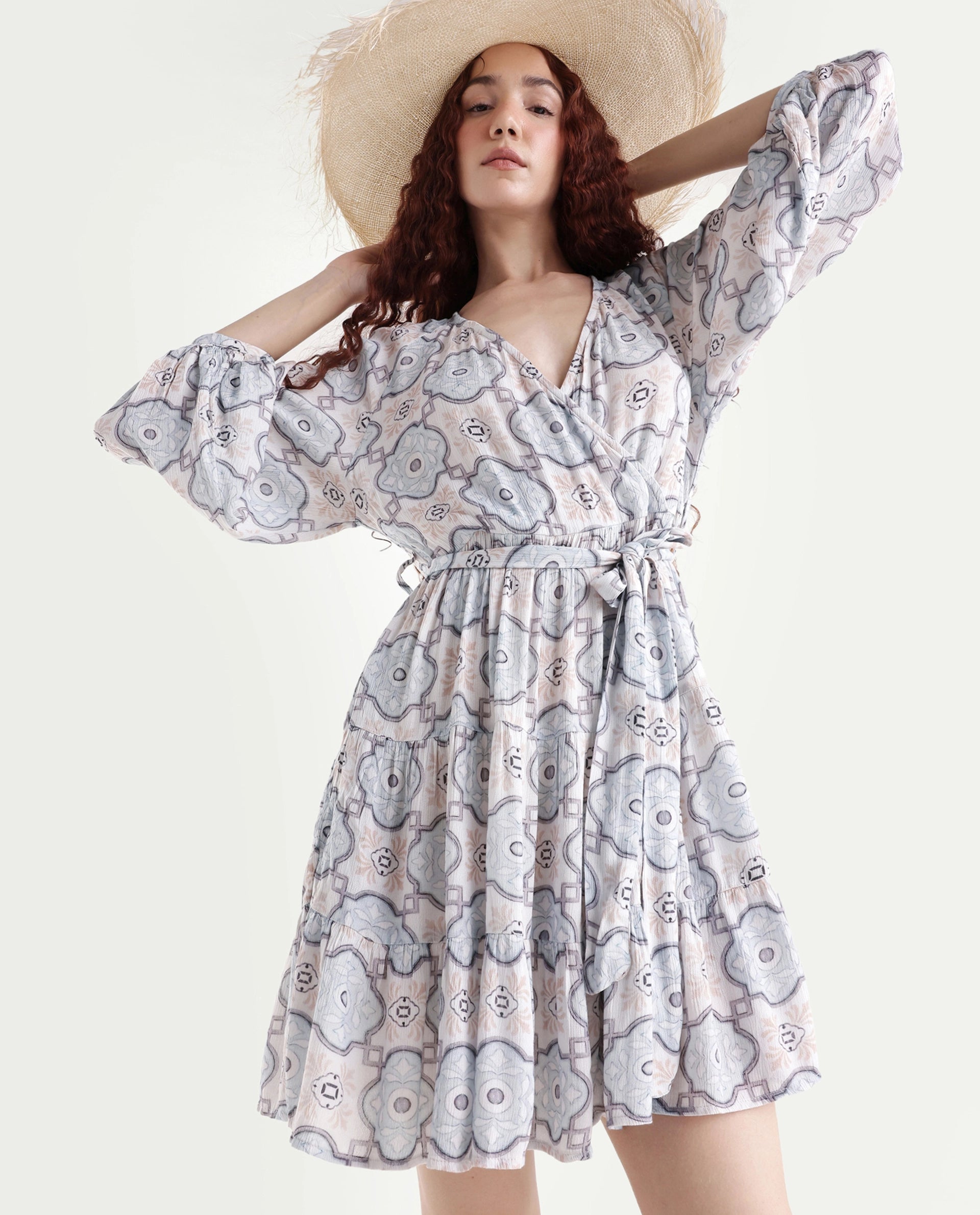 Rareism Women's Mage-Light Blue Rayon Overlap Neck Abstract Print Raglan Sleeve Mini Fit And Flare Dress